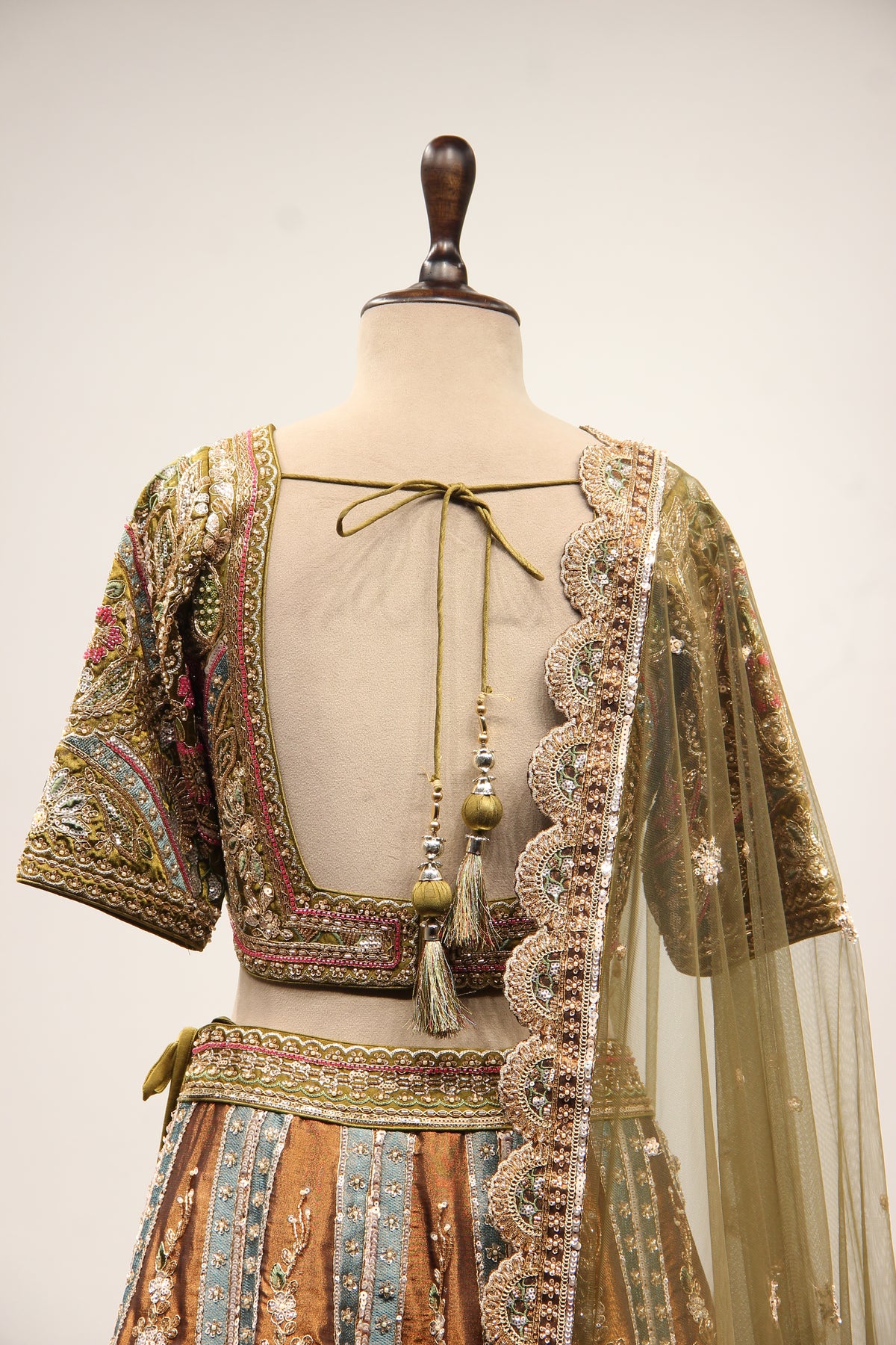 Mehendi Tissue Lehenga with Cut Dana & Sequin Handwork Crop Top – back close-up