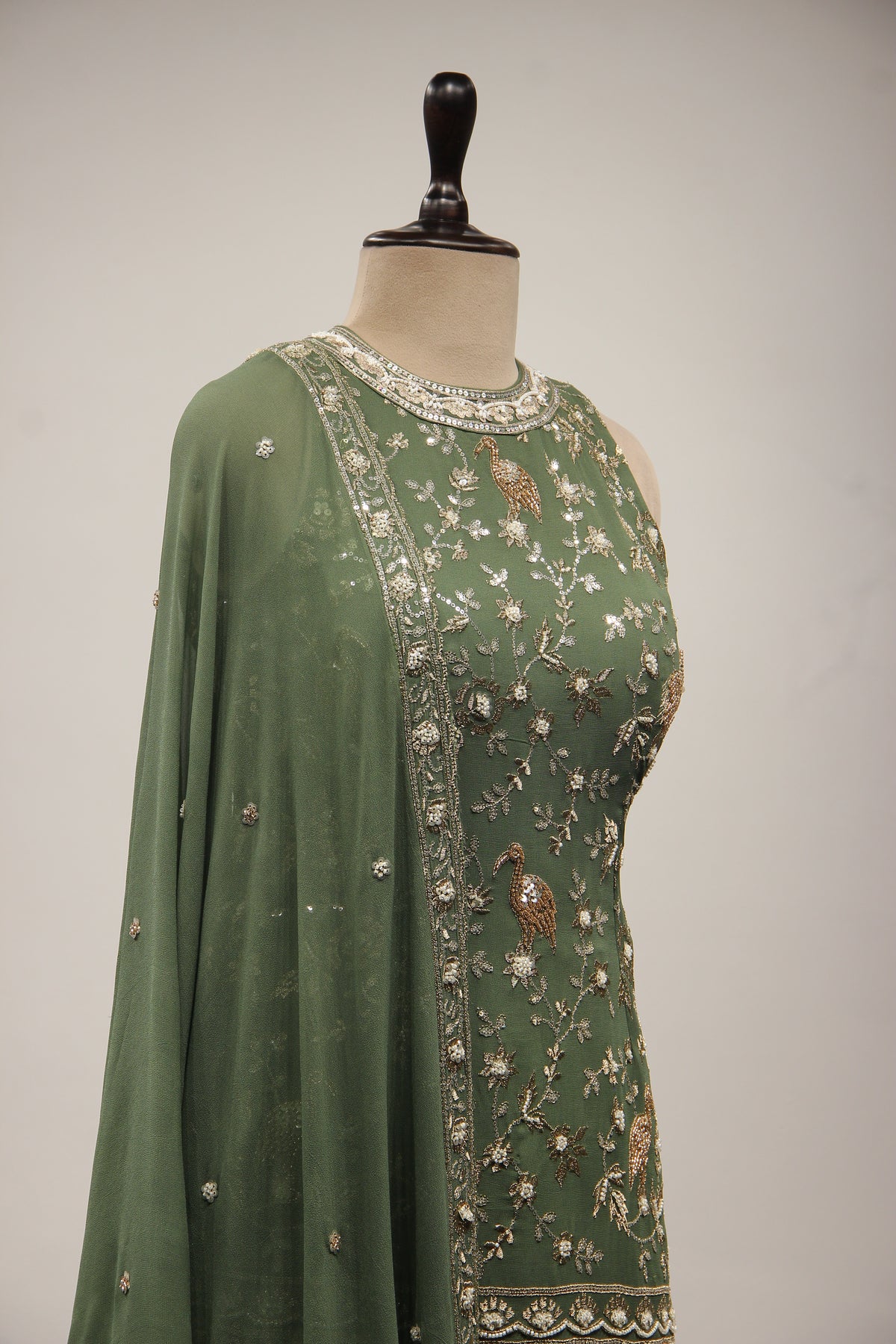 Georgette Dusty Green Indo Western Sharara with Cut Dana Bead Handwork