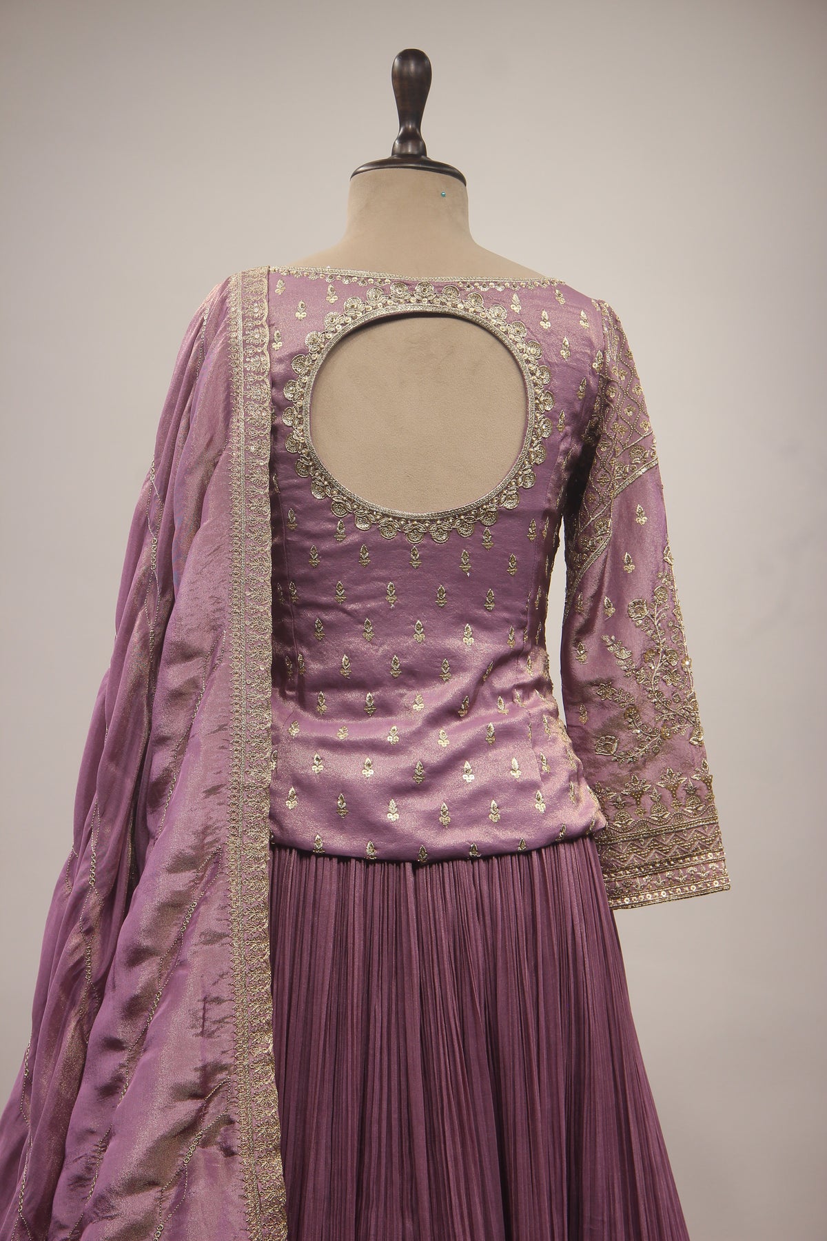 Lilac & Coffee Tissue Lehenga with Zardozi, Zari & Sequin Embroidered Long Top