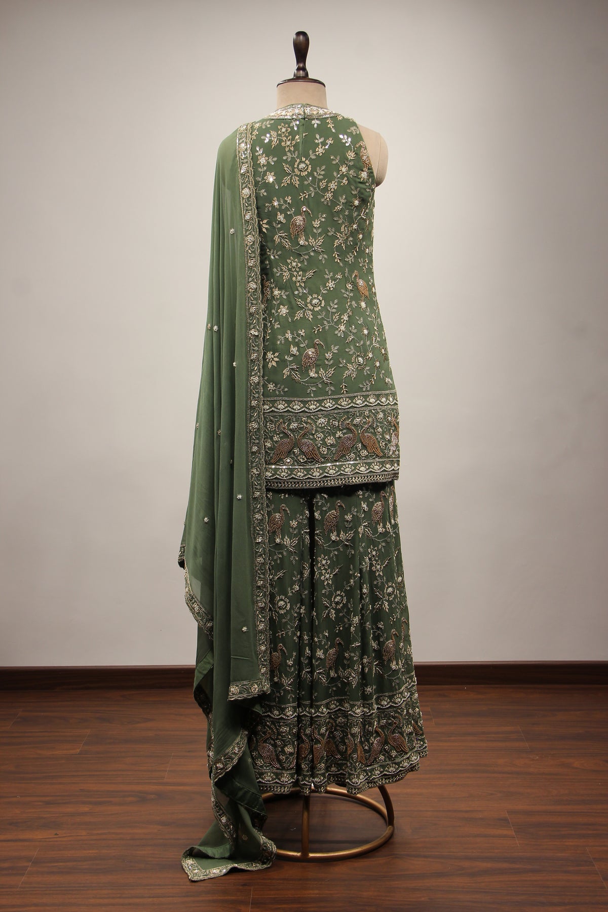 Georgette Dusty Green Indo Western Sharara with Cut Dana Bead Handwork
