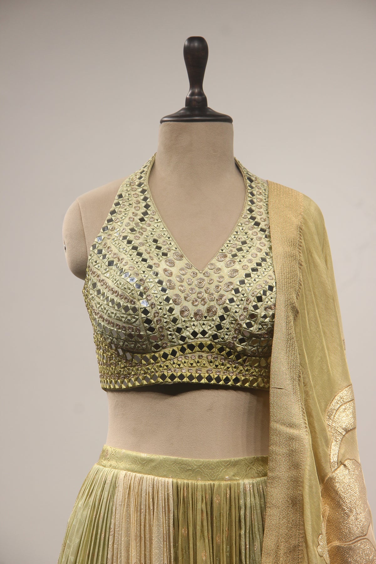 Tissue Lehenga with Mirror & Zari Handwork Halter Crop Top