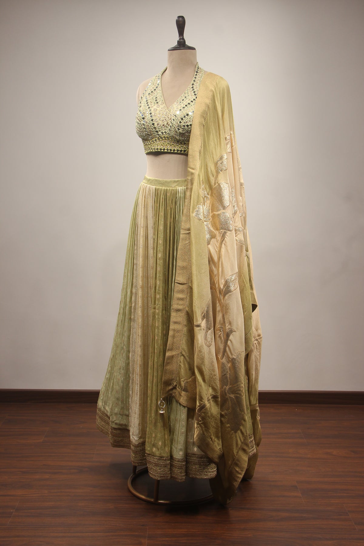 Tissue Lehenga with Mirror & Zari Handwork Halter Crop Top