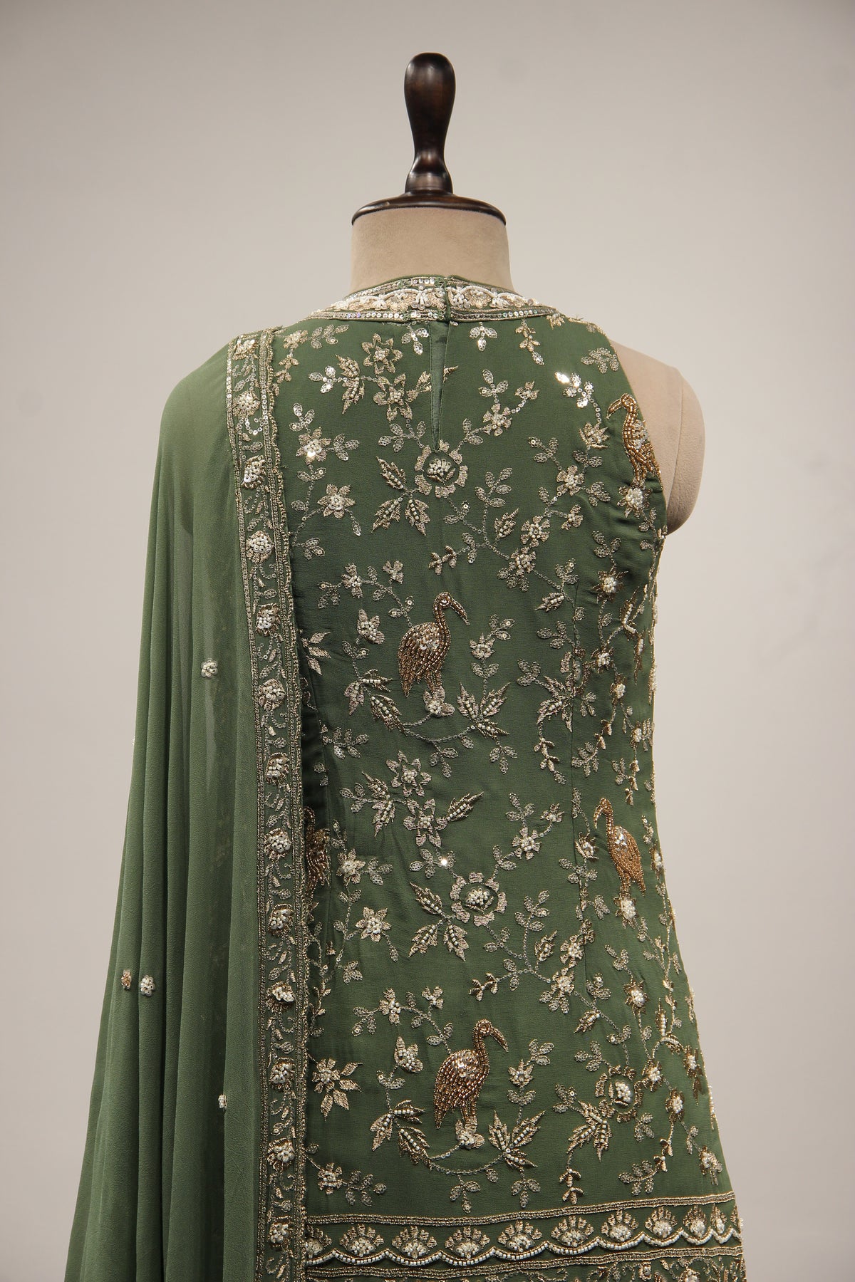 Georgette Dusty Green Indo Western Sharara with Cut Dana Bead Handwork