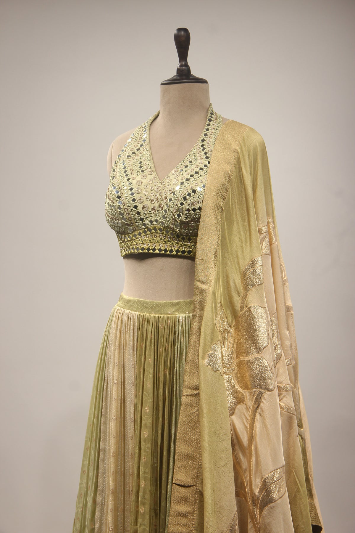 Tissue Lehenga with Mirror & Zari Handwork Halter Crop Top