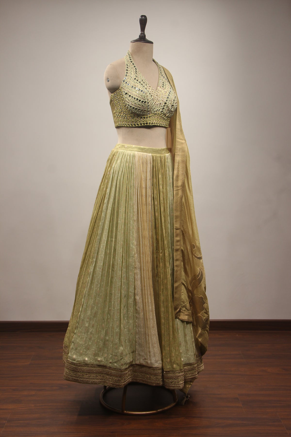 Tissue Lehenga with Mirror & Zari Handwork Halter Crop Top