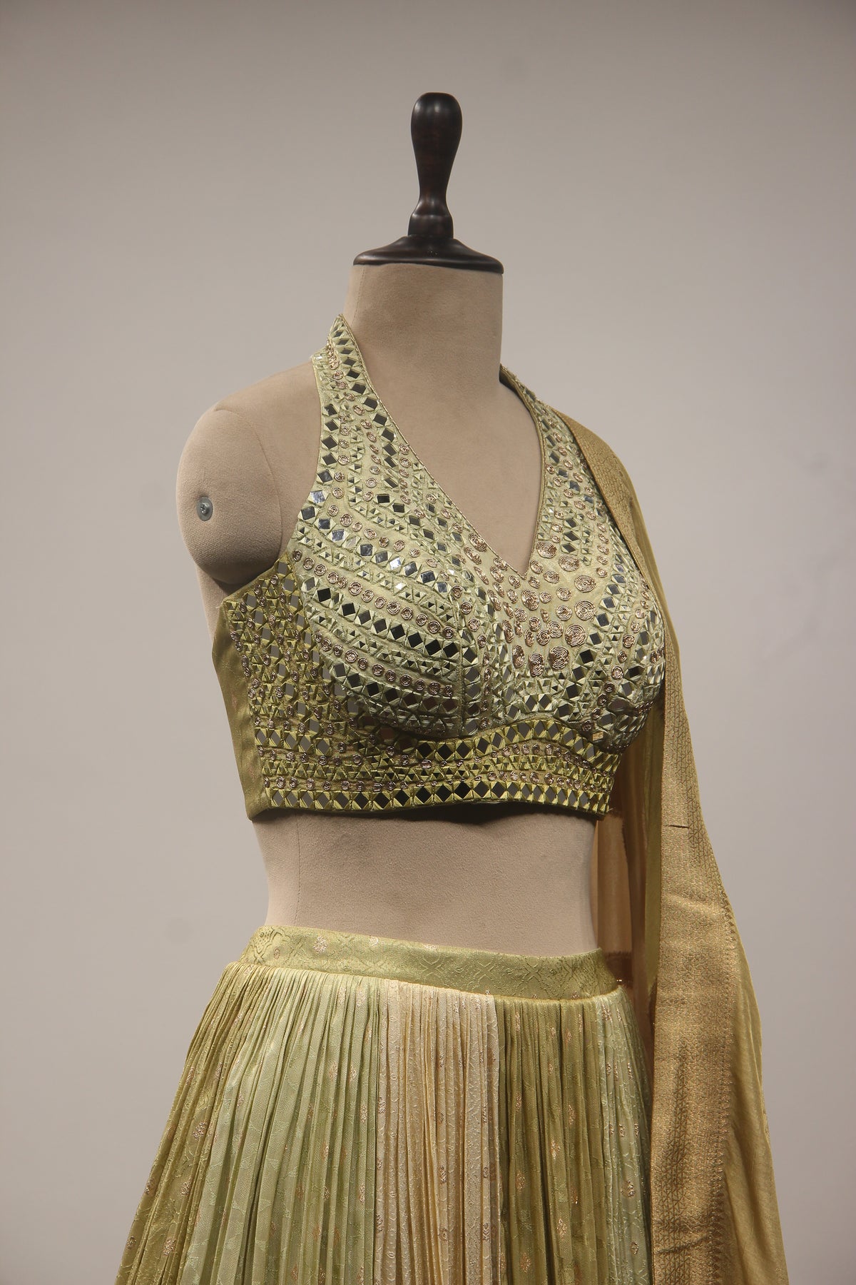 Tissue Lehenga with Mirror & Zari Handwork Halter Crop Top