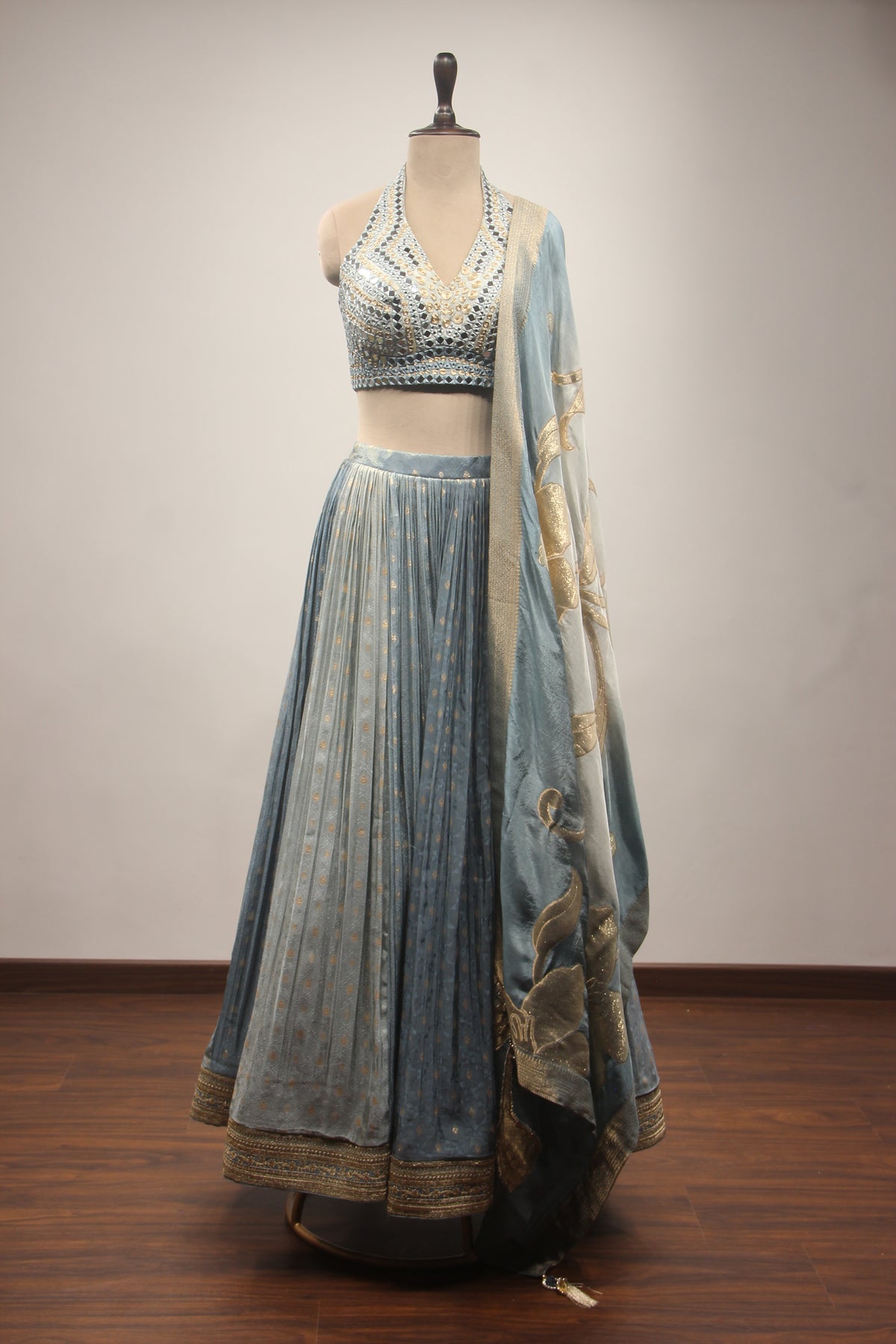 Tissue Lehenga with Mirror & Zari Handwork Halter Crop Top
