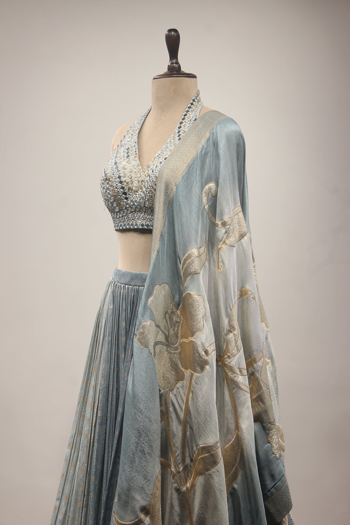 Tissue Lehenga with Mirror & Zari Handwork Halter Crop Top