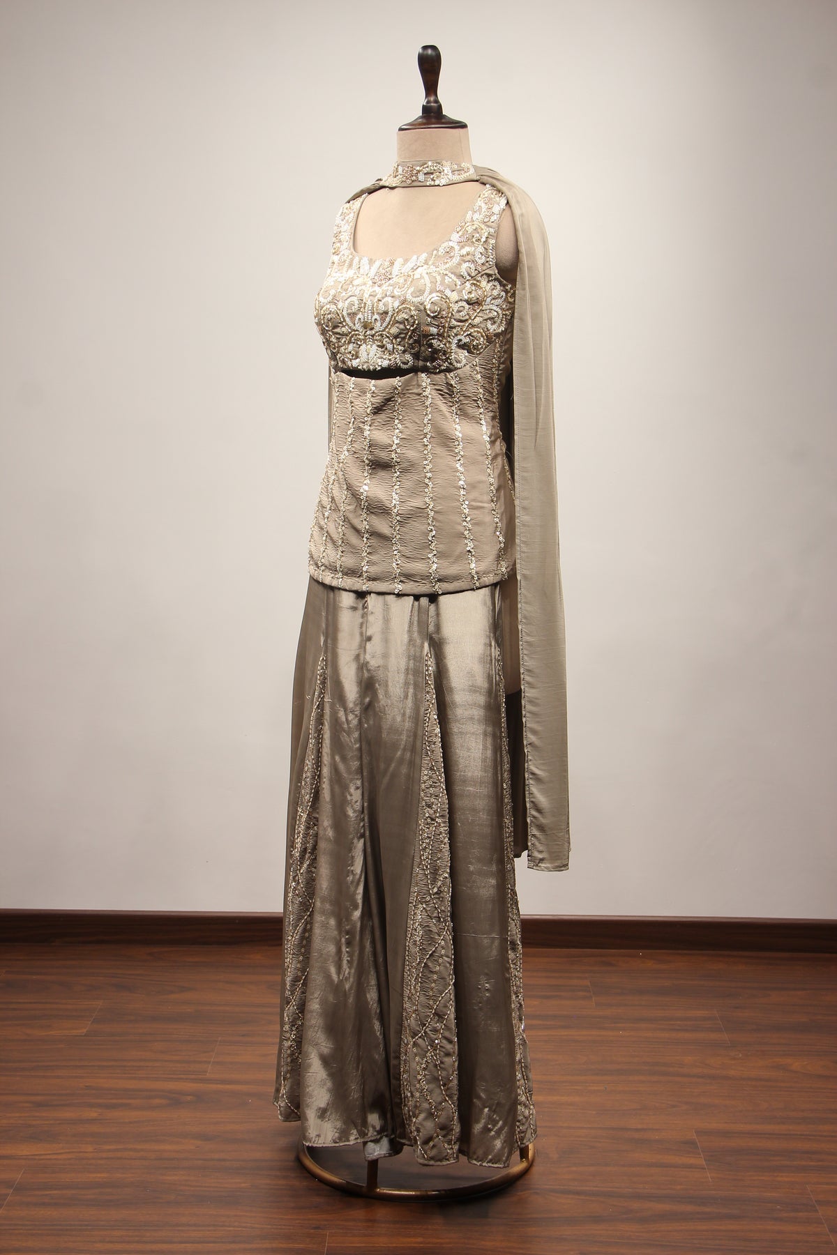 Crepe Grey Sharara with Choker Dupatta & Sequin Cut Dana Handwork
