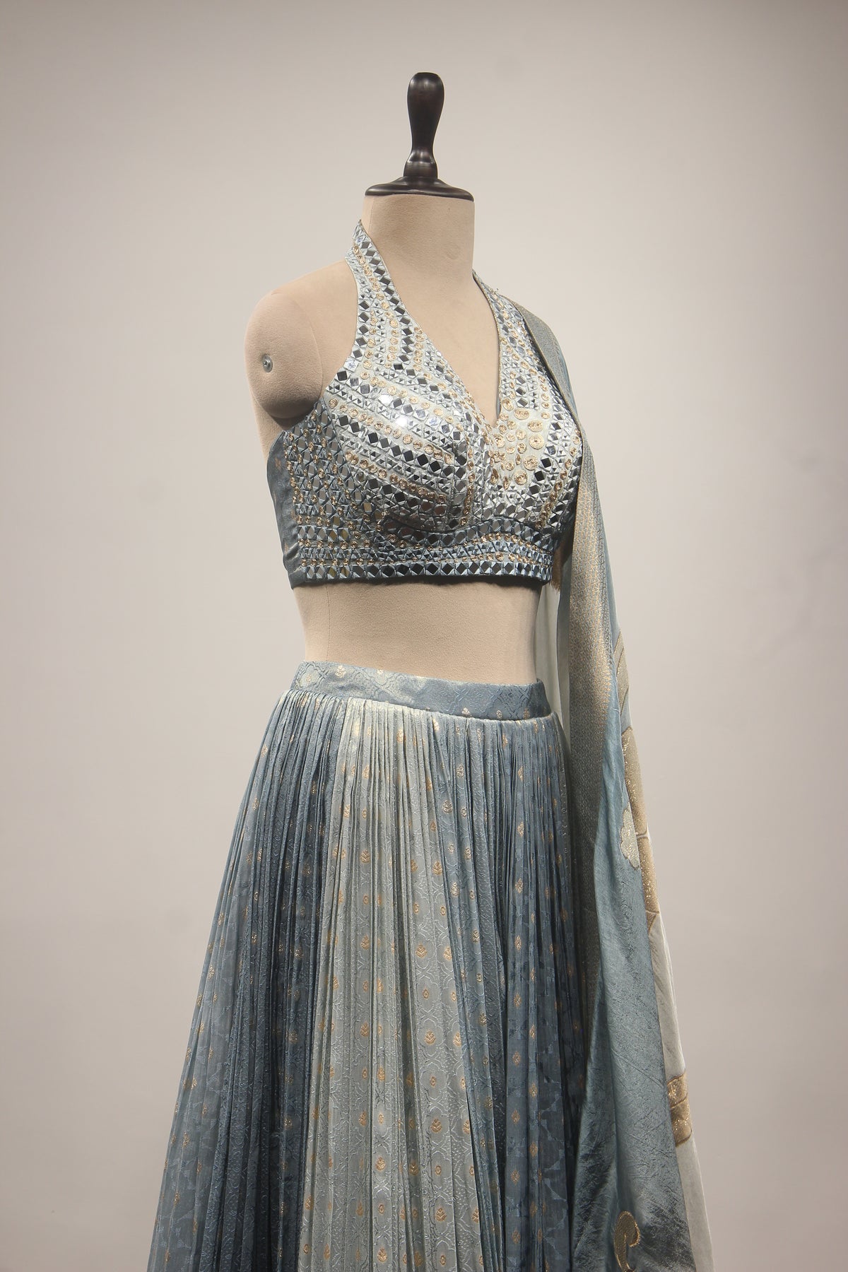 Tissue Lehenga with Mirror & Zari Handwork Halter Crop Top