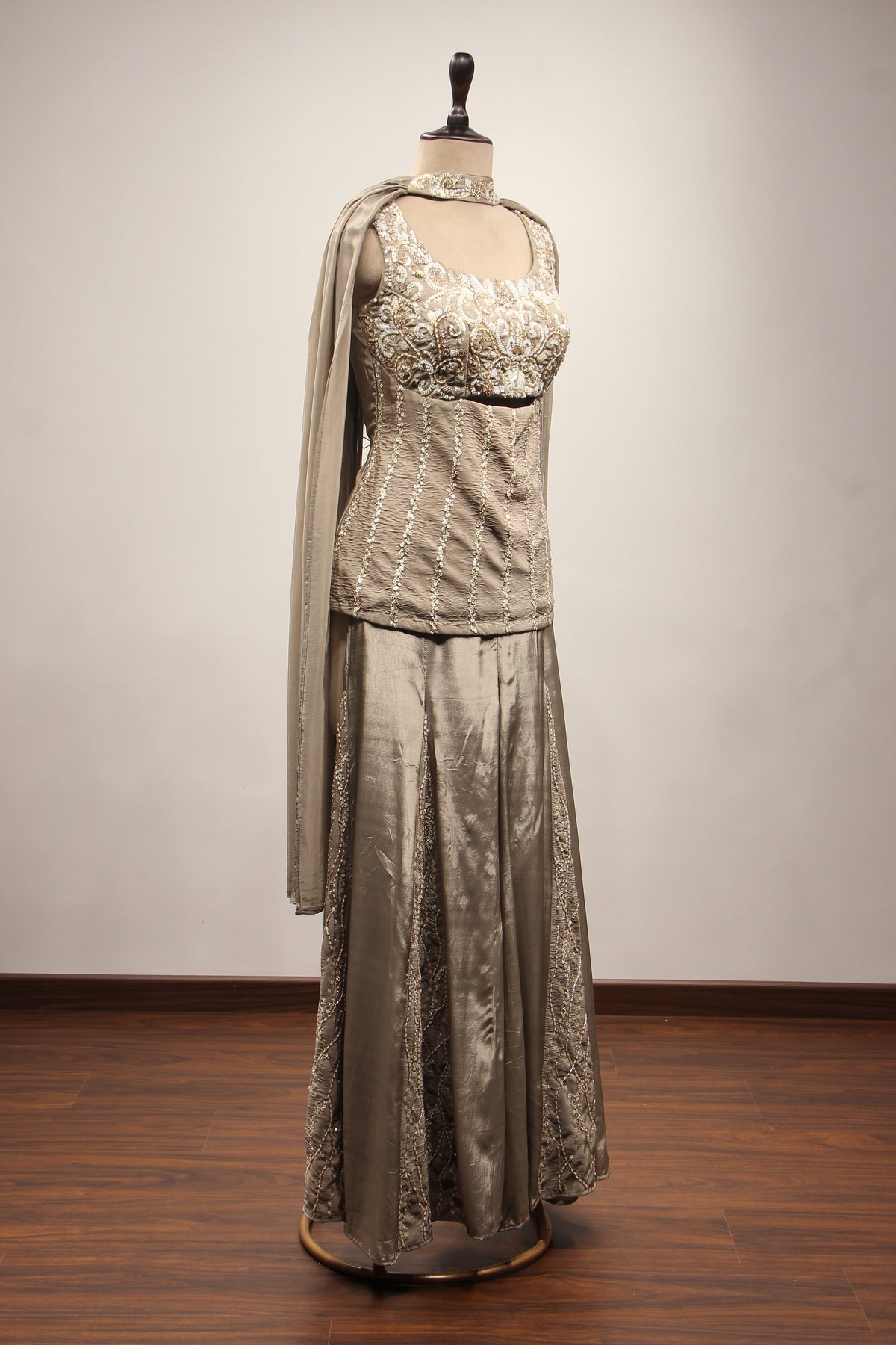 Crepe Grey Sharara with Choker Dupatta & Sequin Cut Dana Handwork