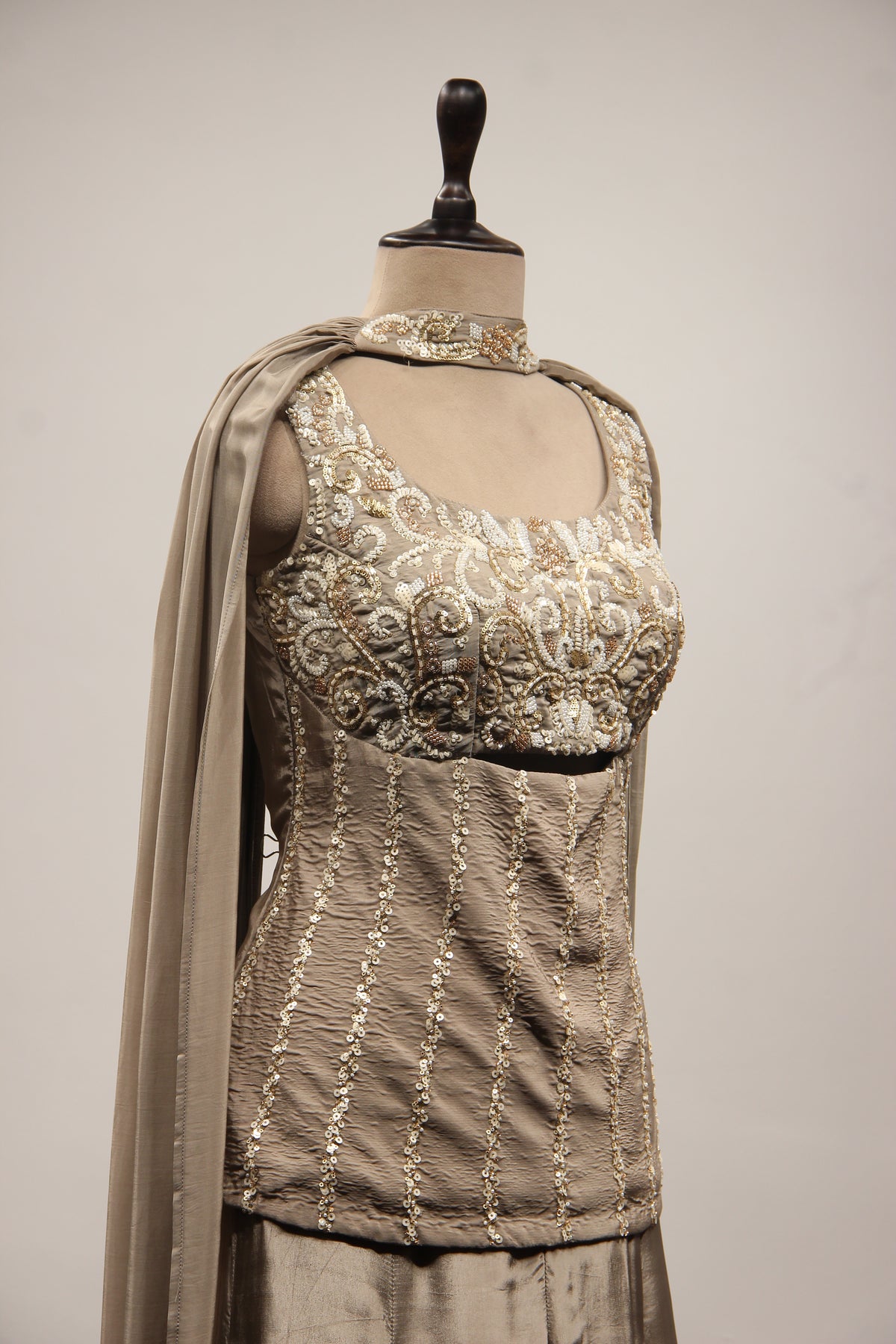Crepe Grey Sharara with Choker Dupatta & Sequin Cut Dana Handwork