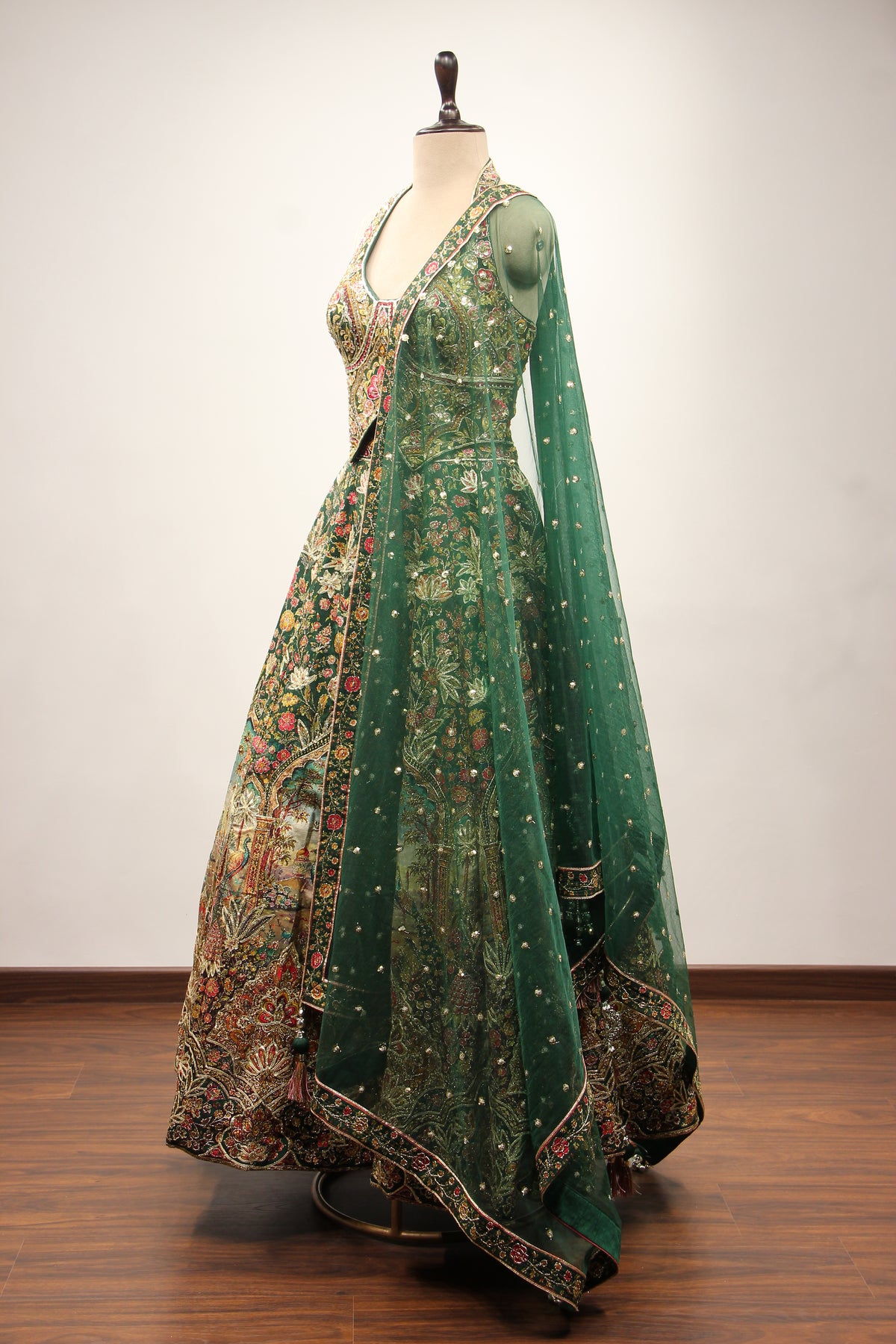 Bottle Green Dupion Halter Lehenga with Printed & Gota Patti Handwork – side view