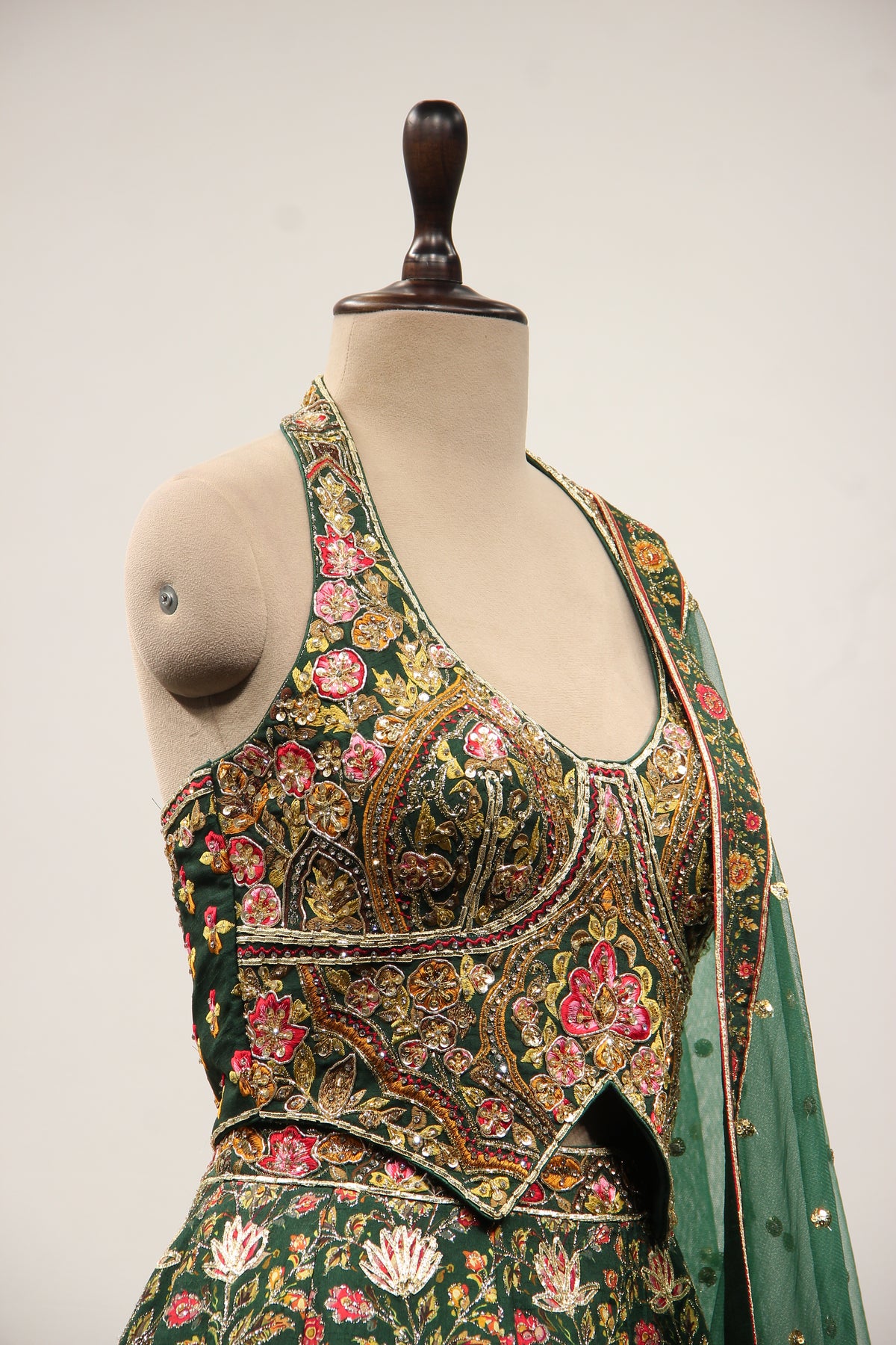 Bottle Green Dupion Halter Lehenga with Printed & Gota Patti Handwork – other side close-up
