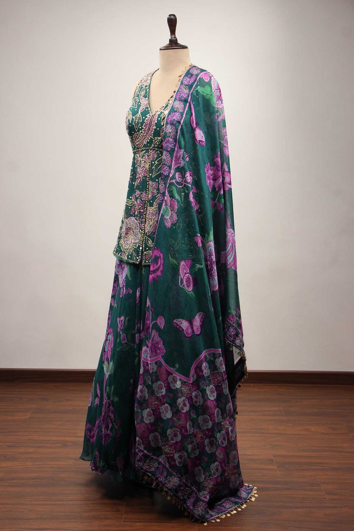 Organza Bottle Green Sharara with Printed Peplum & Mirror Cut Dana Handwork