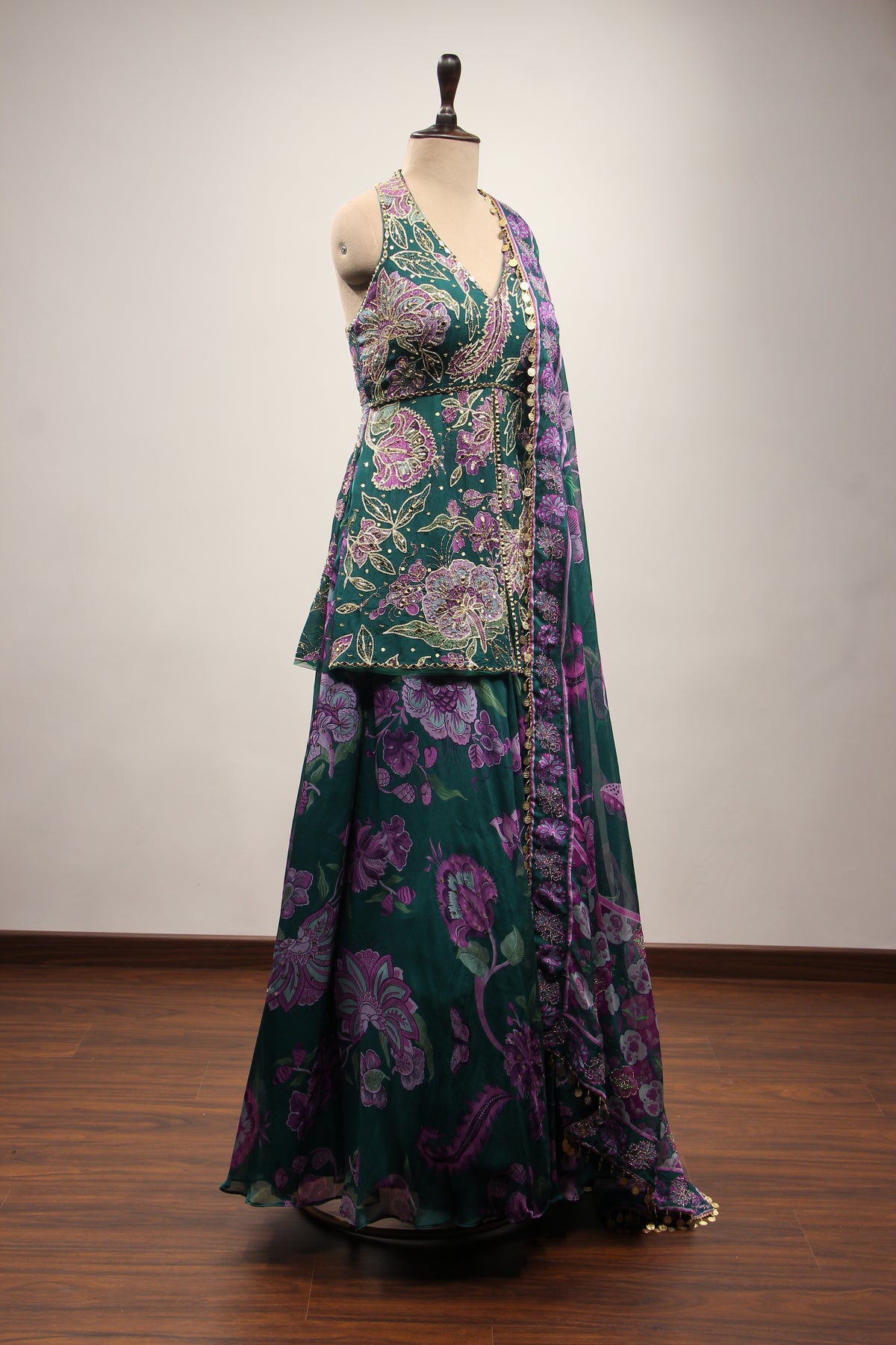 Organza Bottle Green Sharara with Printed Peplum & Mirror Cut Dana Handwork