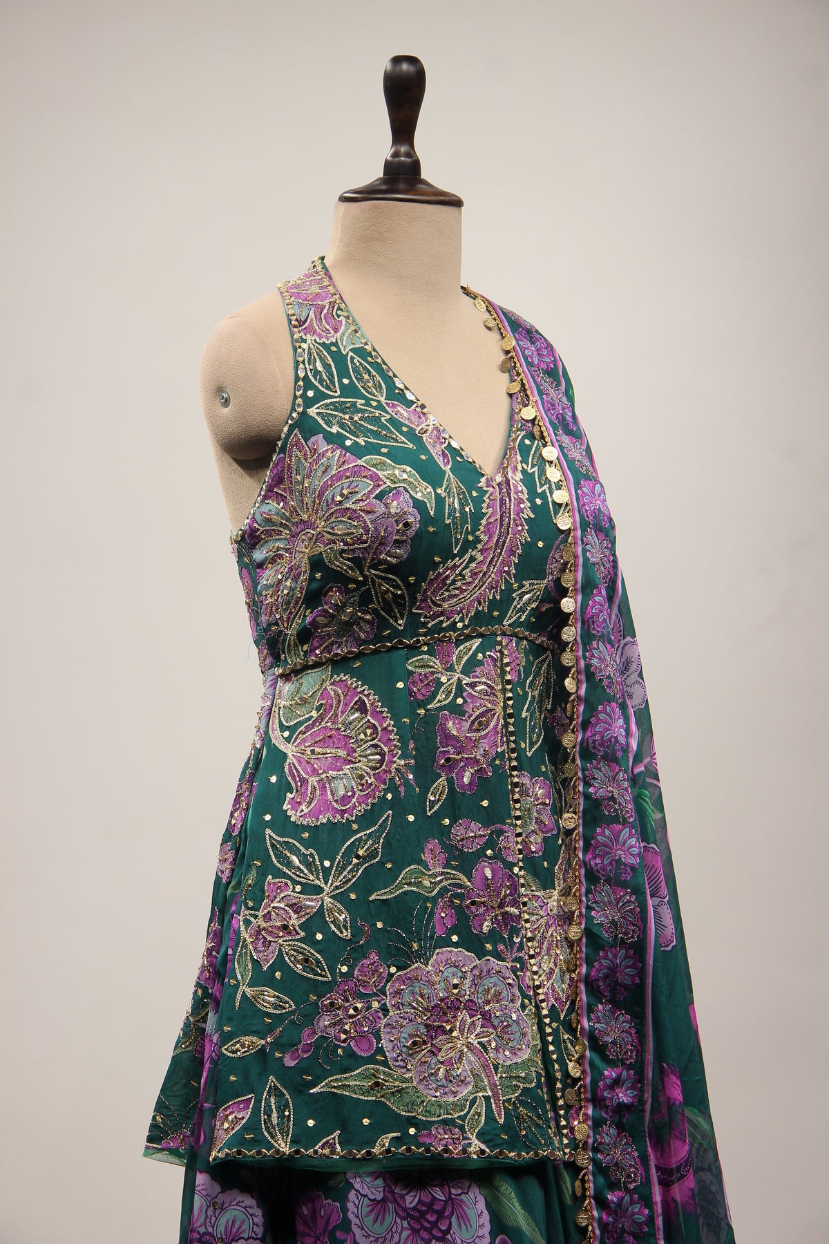 Organza Bottle Green Sharara with Printed Peplum & Mirror Cut Dana Handwork