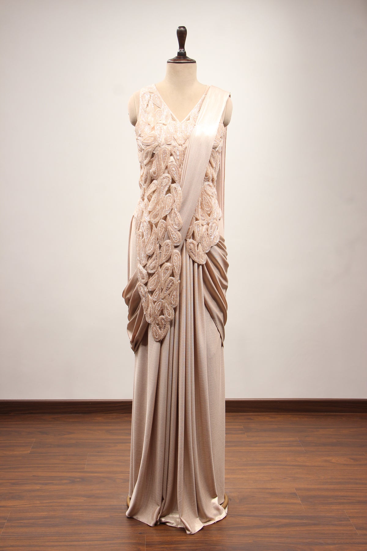 Peach Imported Ready-to-Wear Drape Saree, Sequin & Cut Dana Handwork – front view