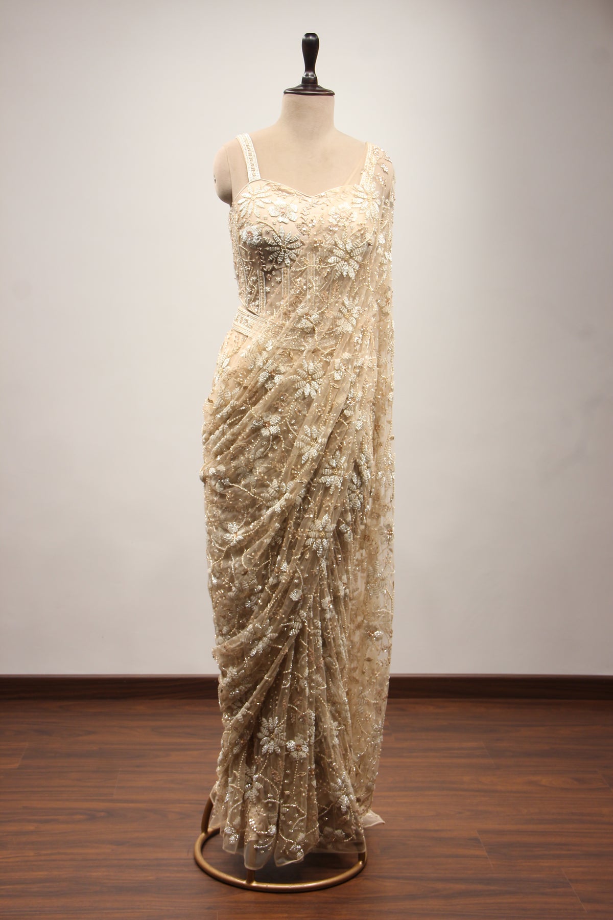 Ivory Net Ready-to-Wear Drape Saree with Cut Dana & Bead Handwork