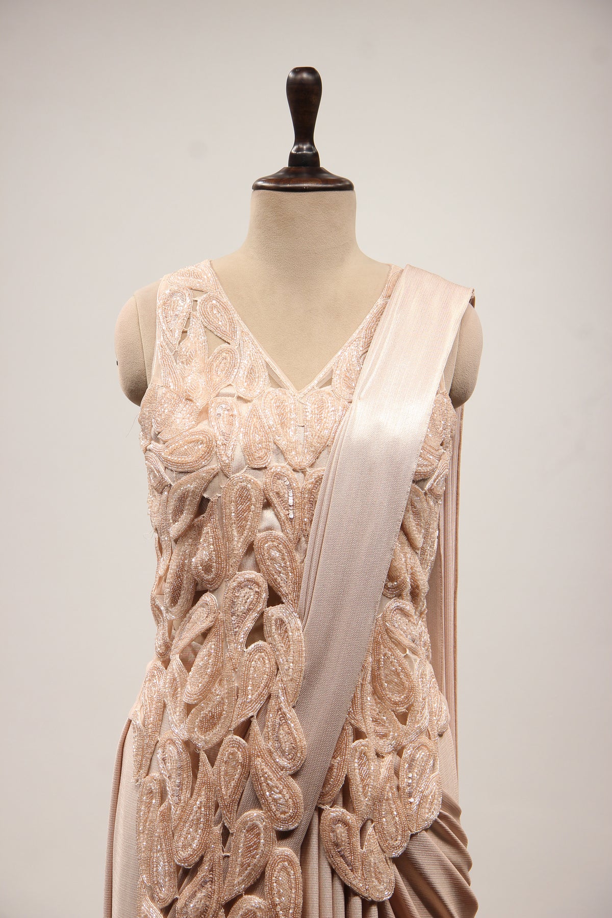 Peach Imported Ready-to-Wear Drape Saree, Sequin & Cut Dana Handwork – front close-up