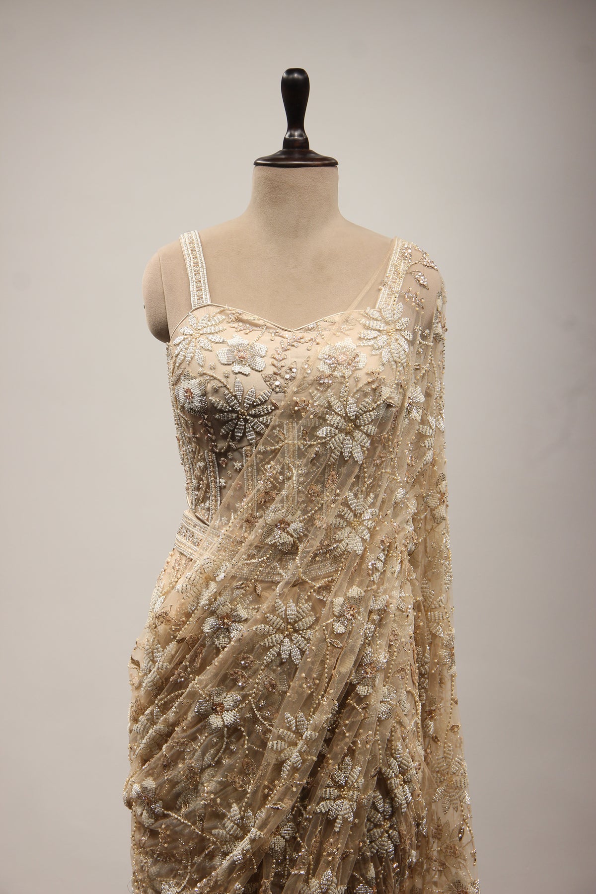 Ivory Net Ready-to-Wear Drape Saree with Cut Dana & Bead Handwork