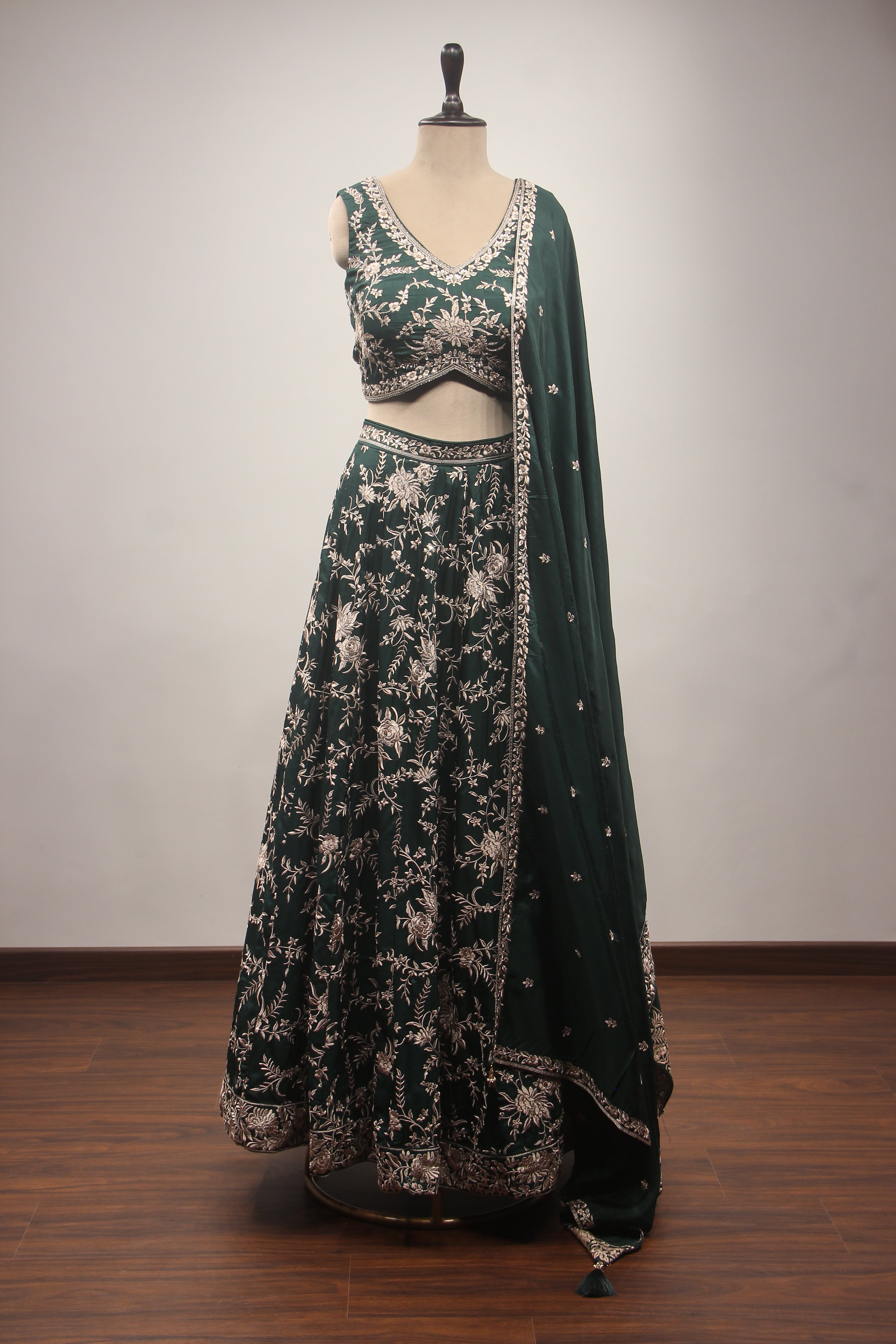 Dupion Lehenga Crop Top with Resham & Cut Dana Handwork