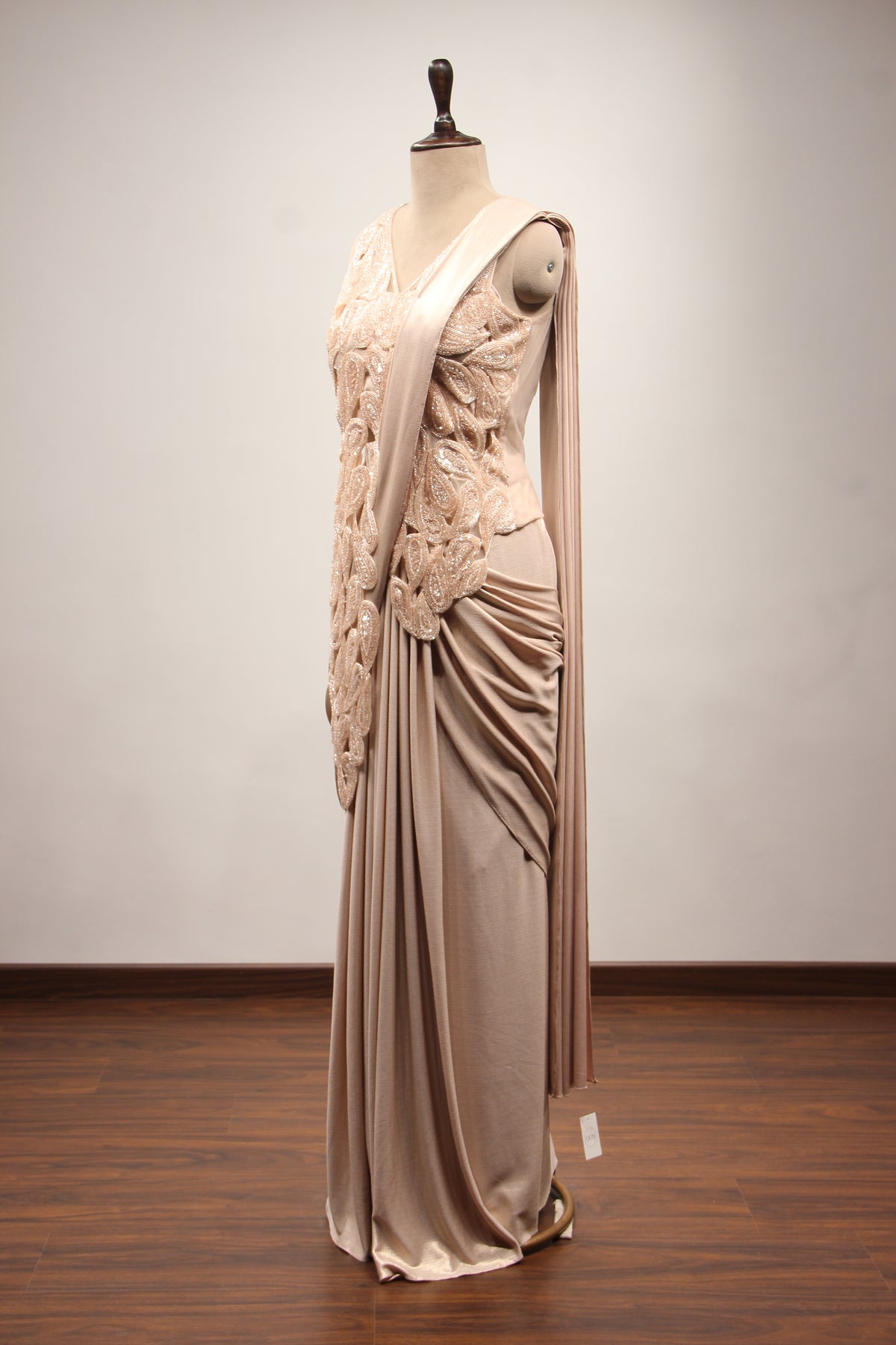 Peach Imported Ready-to-Wear Drape Saree, Sequin & Cut Dana Handwork – side view