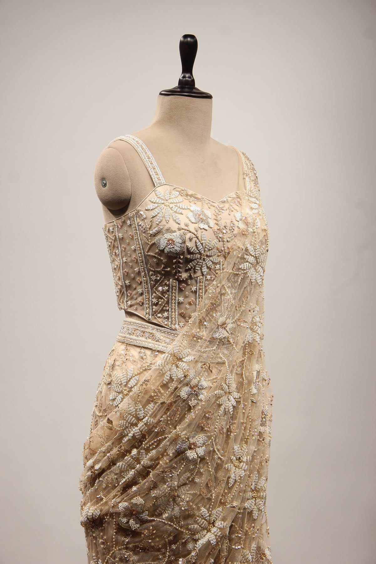 Ivory Net Ready-to-Wear Drape Saree with Cut Dana & Bead Handwork