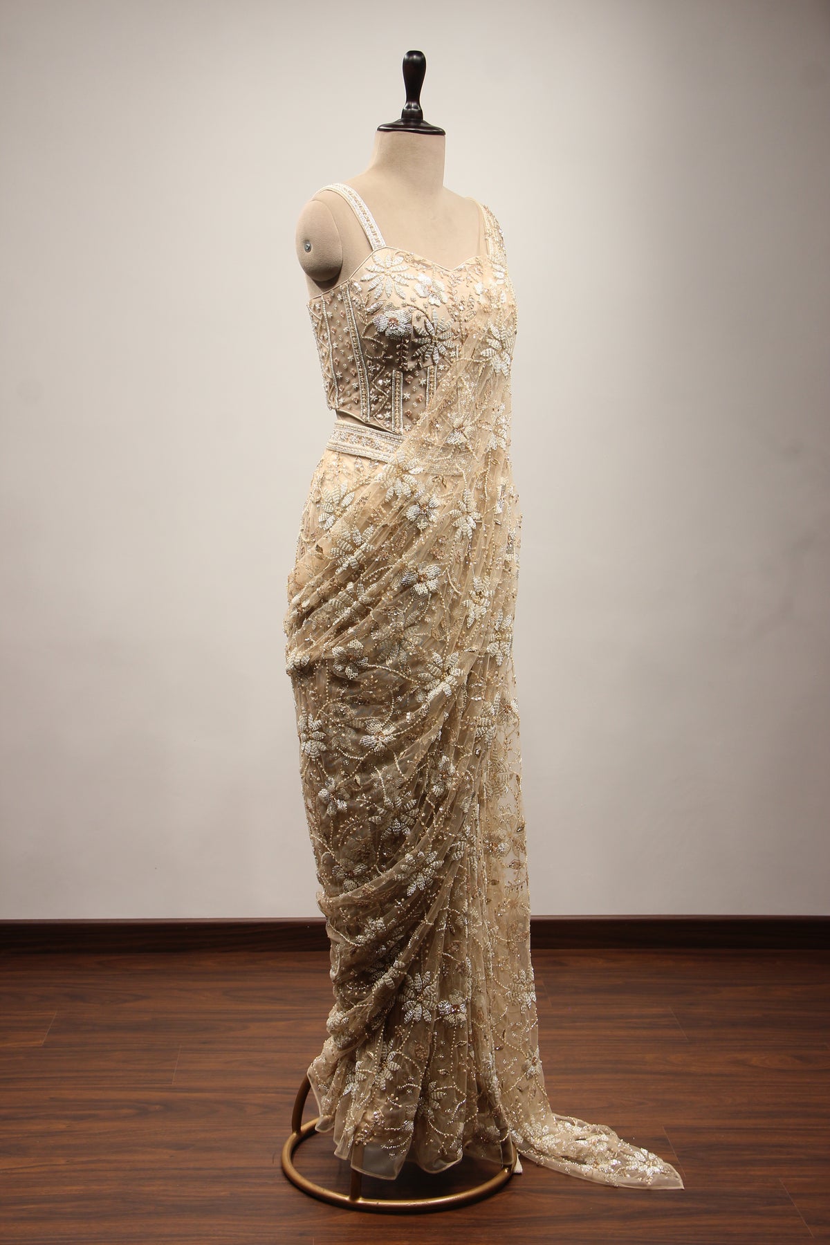 Ivory Net Ready-to-Wear Drape Saree with Cut Dana & Bead Handwork