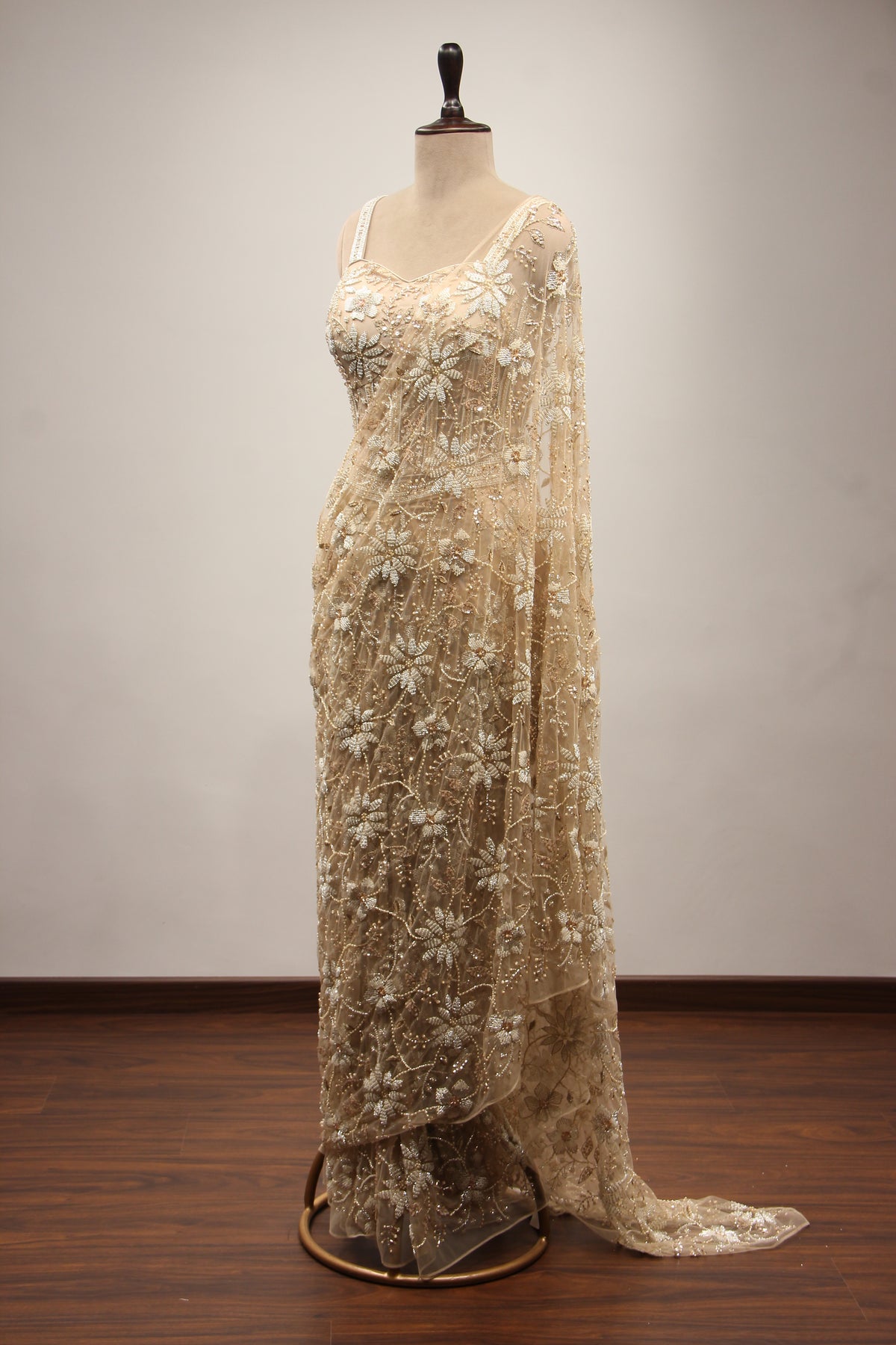 Ivory Net Ready-to-Wear Drape Saree with Cut Dana & Bead Handwork