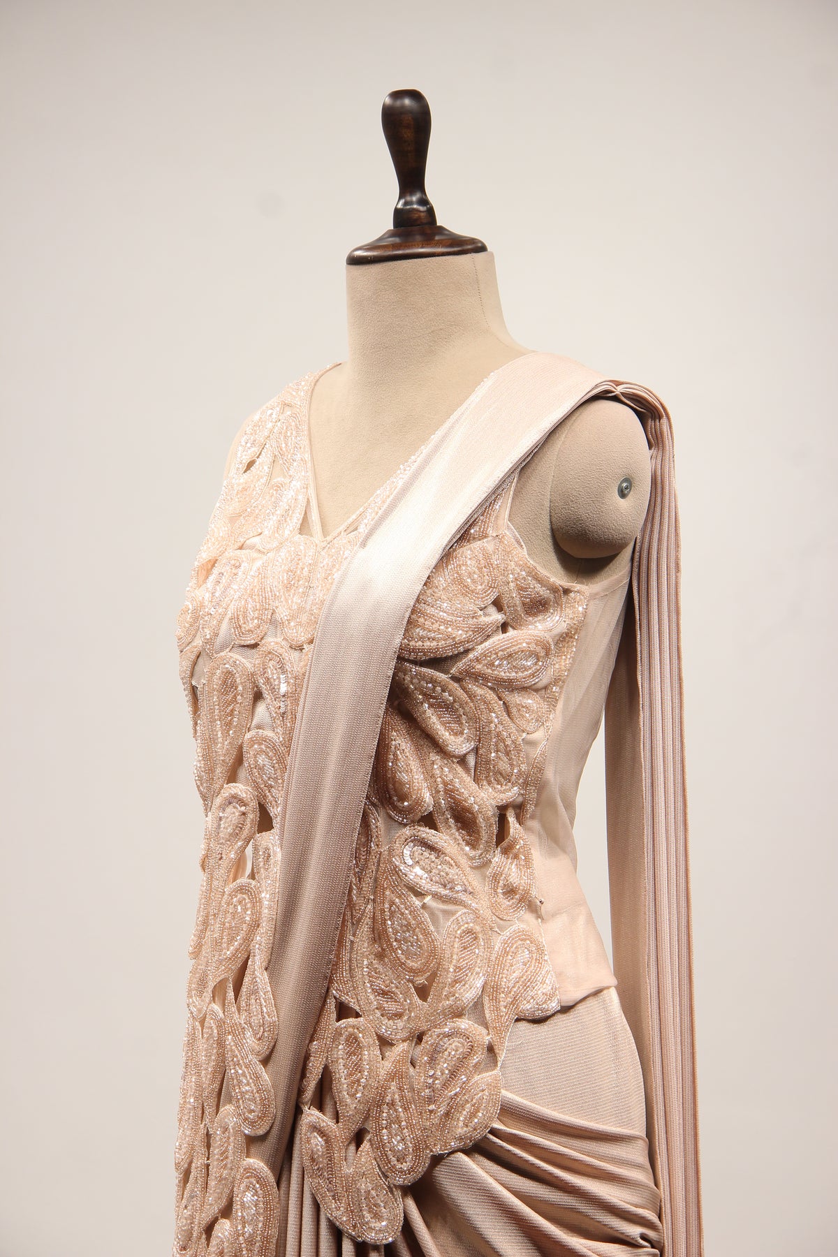 Peach Imported Ready-to-Wear Drape Saree, Sequin & Cut Dana Handwork – side close-up