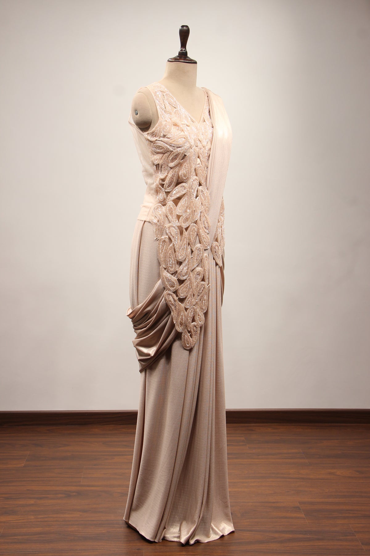 Peach Imported Ready-to-Wear Drape Saree, Sequin & Cut Dana Handwork – other side view