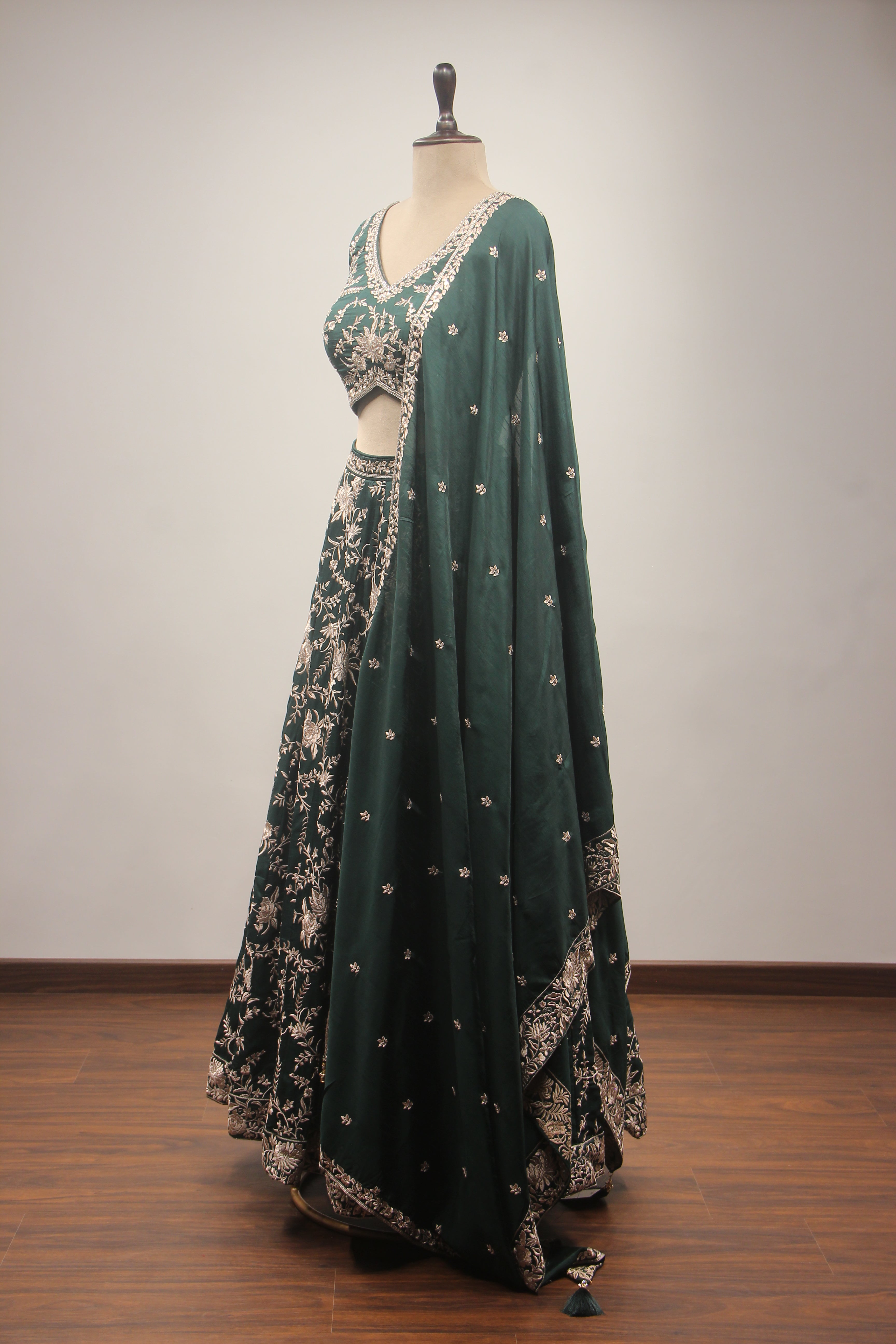 Dupion Lehenga Crop Top with Resham & Cut Dana Handwork
