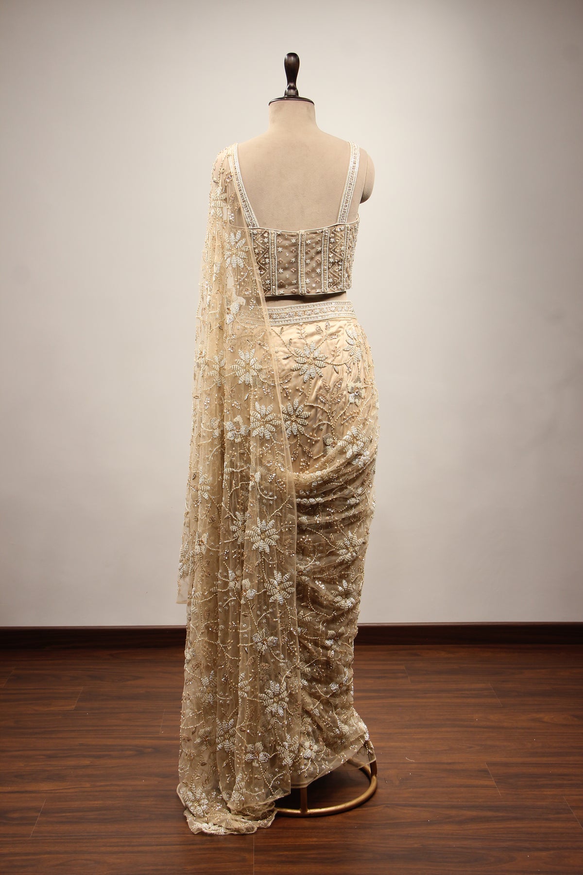 Ivory Net Ready-to-Wear Drape Saree with Cut Dana & Bead Handwork