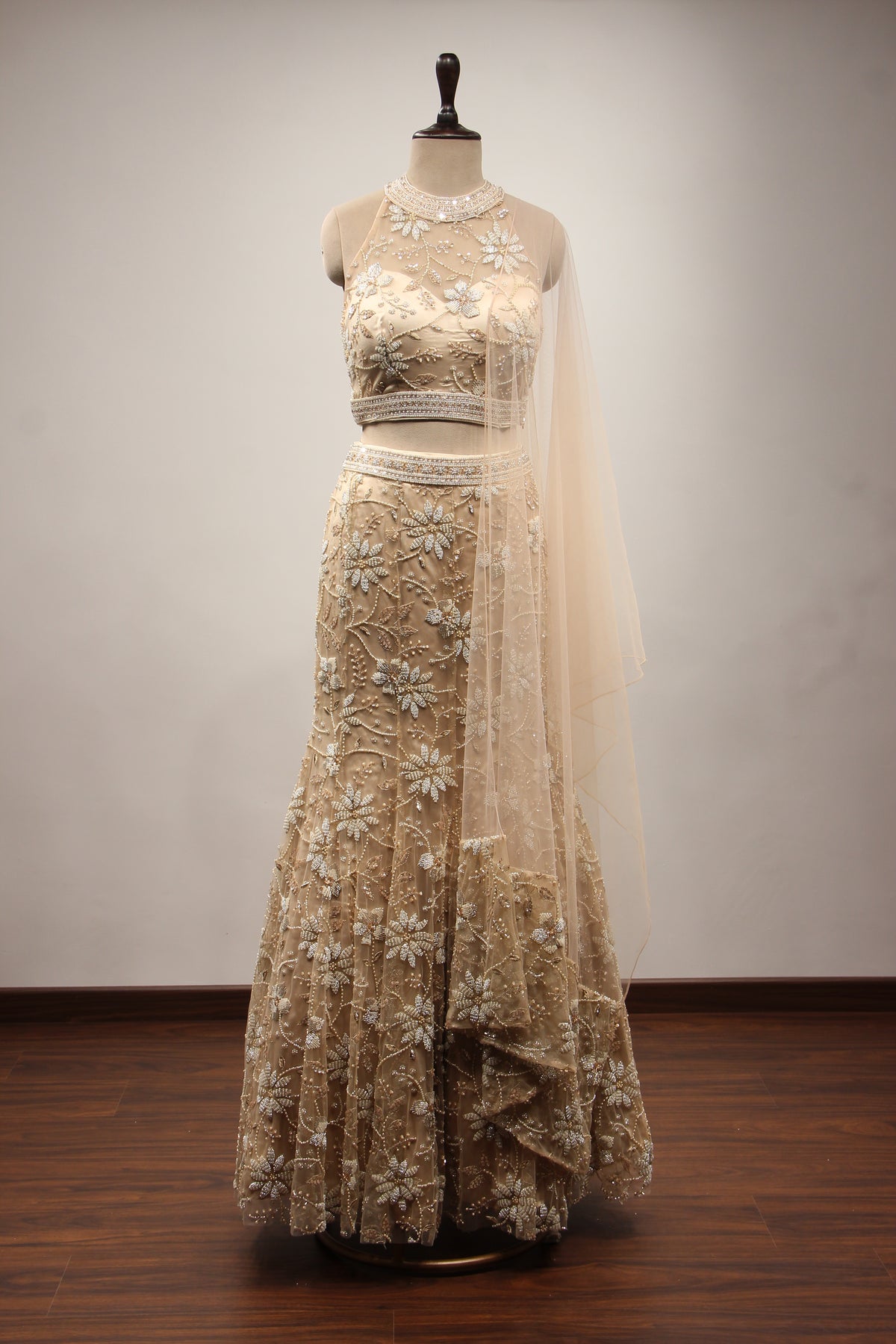 Gold Net Lehenga with Cut Dana & Bead Handwork Halter Neck Mermaid