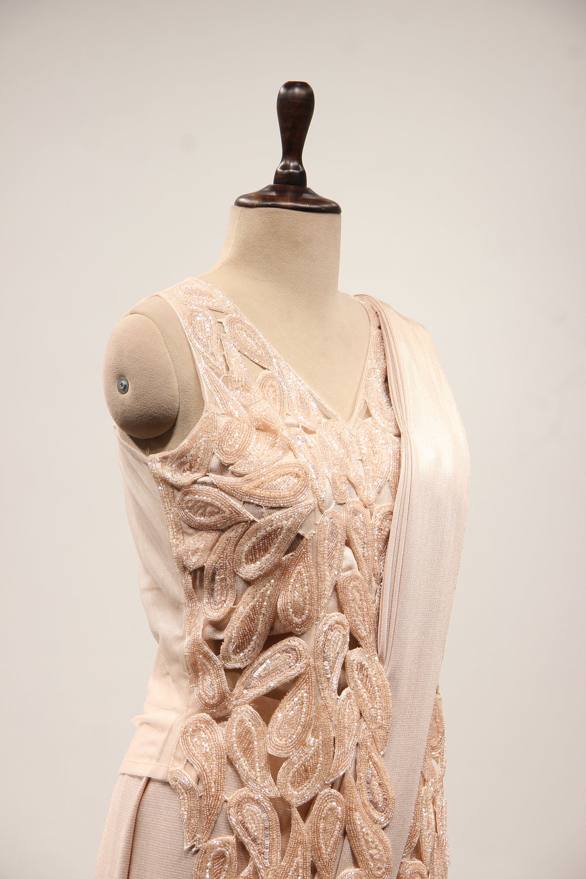Peach Imported Ready-to-Wear Drape Saree, Sequin & Cut Dana Handwork – other side close-up