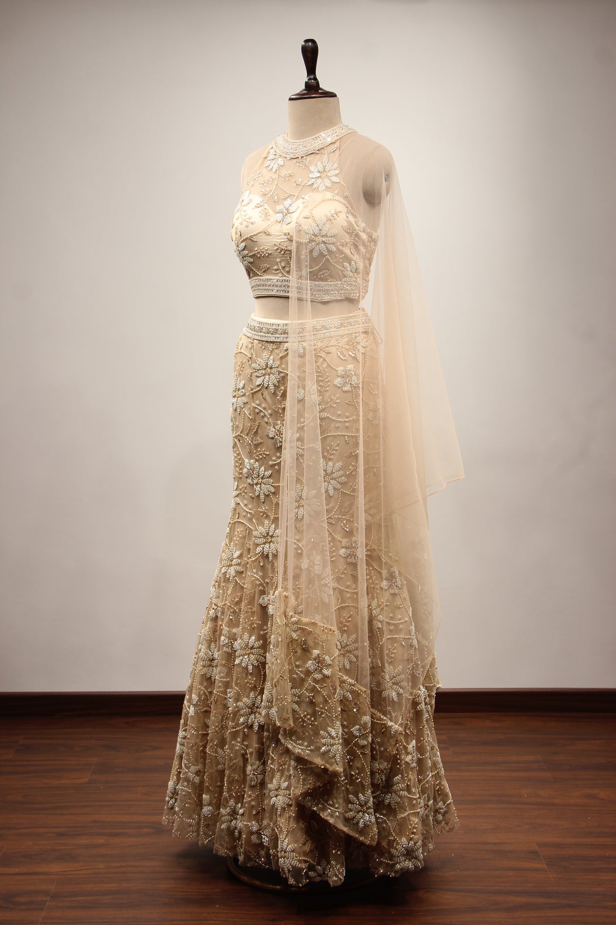 Gold Net Lehenga with Cut Dana & Bead Handwork Halter Neck Mermaid