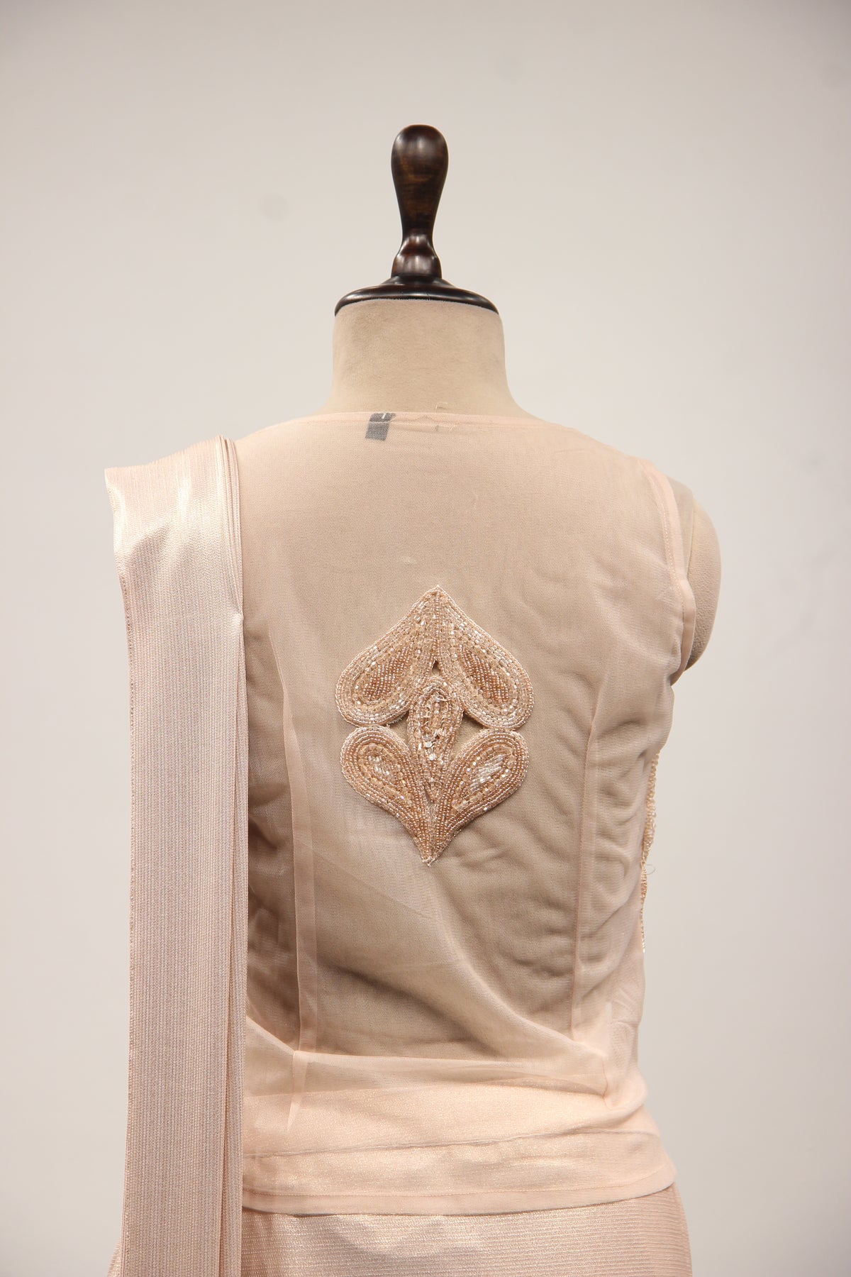 Peach Imported Ready-to-Wear Drape Saree, Sequin & Cut Dana Handwork – back close-up