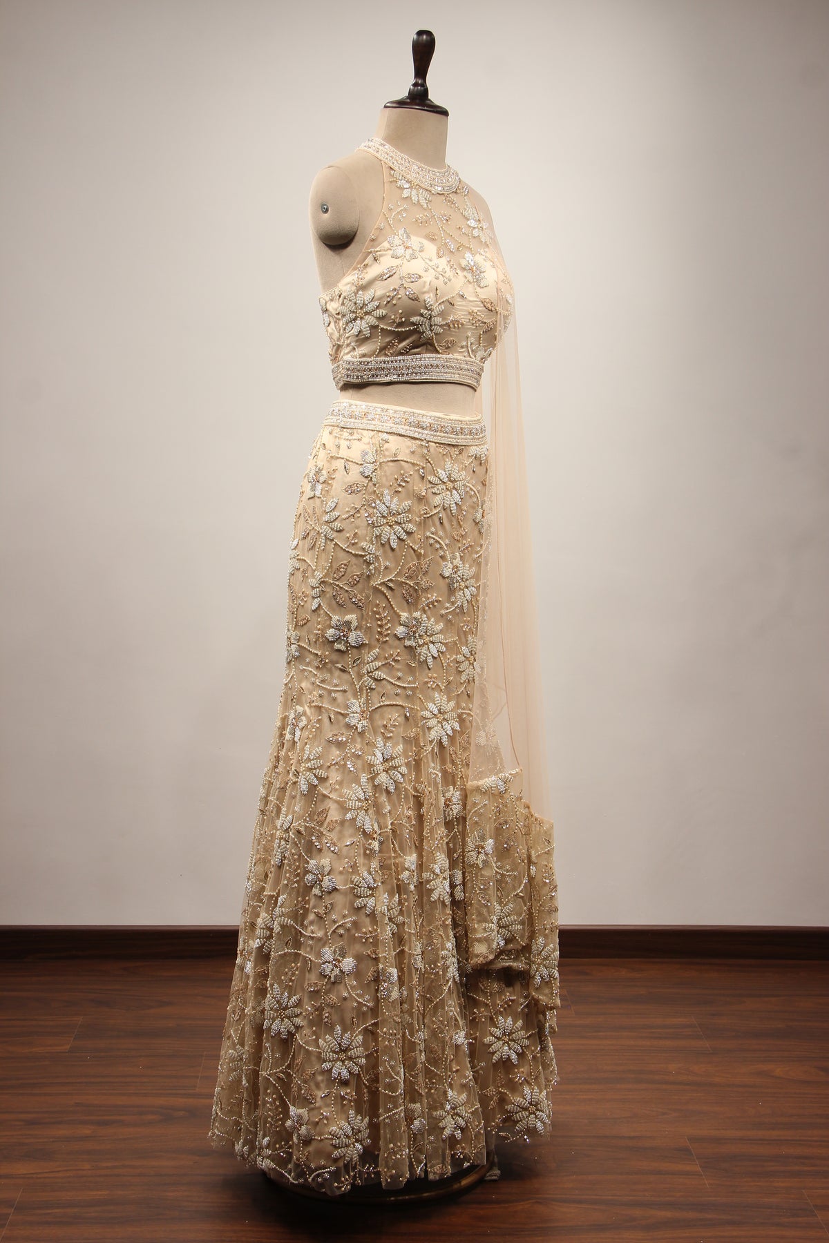 Gold Net Lehenga with Cut Dana & Bead Handwork Halter Neck Mermaid