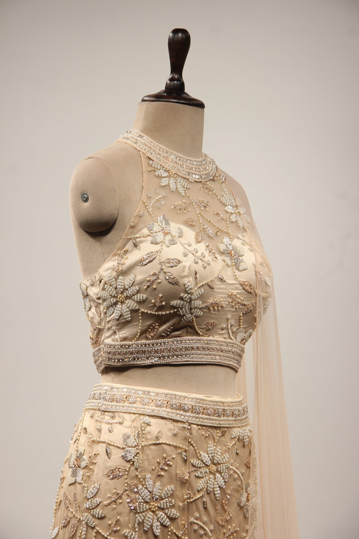Gold Net Lehenga with Cut Dana & Bead Handwork Halter Neck Mermaid