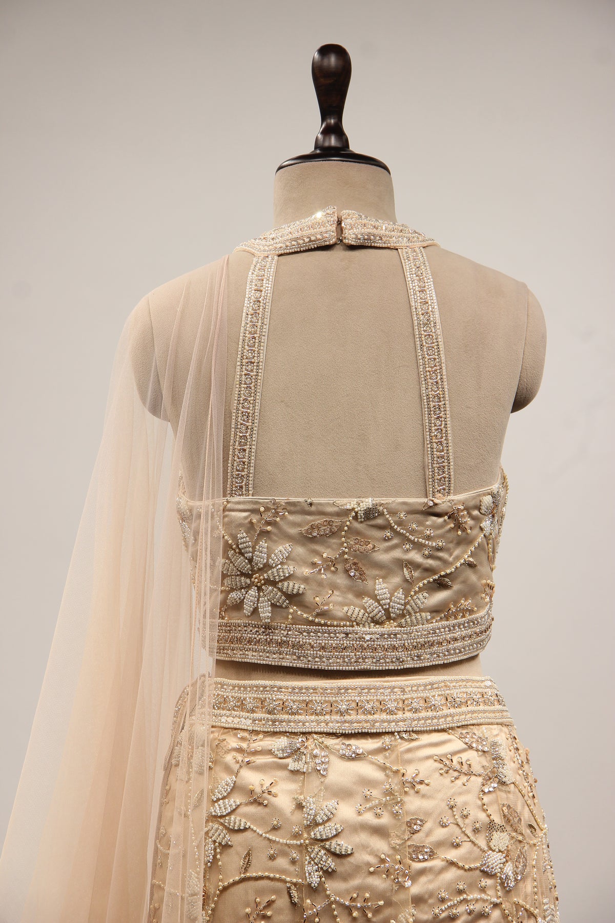 Gold Net Lehenga with Cut Dana & Bead Handwork Halter Neck Mermaid