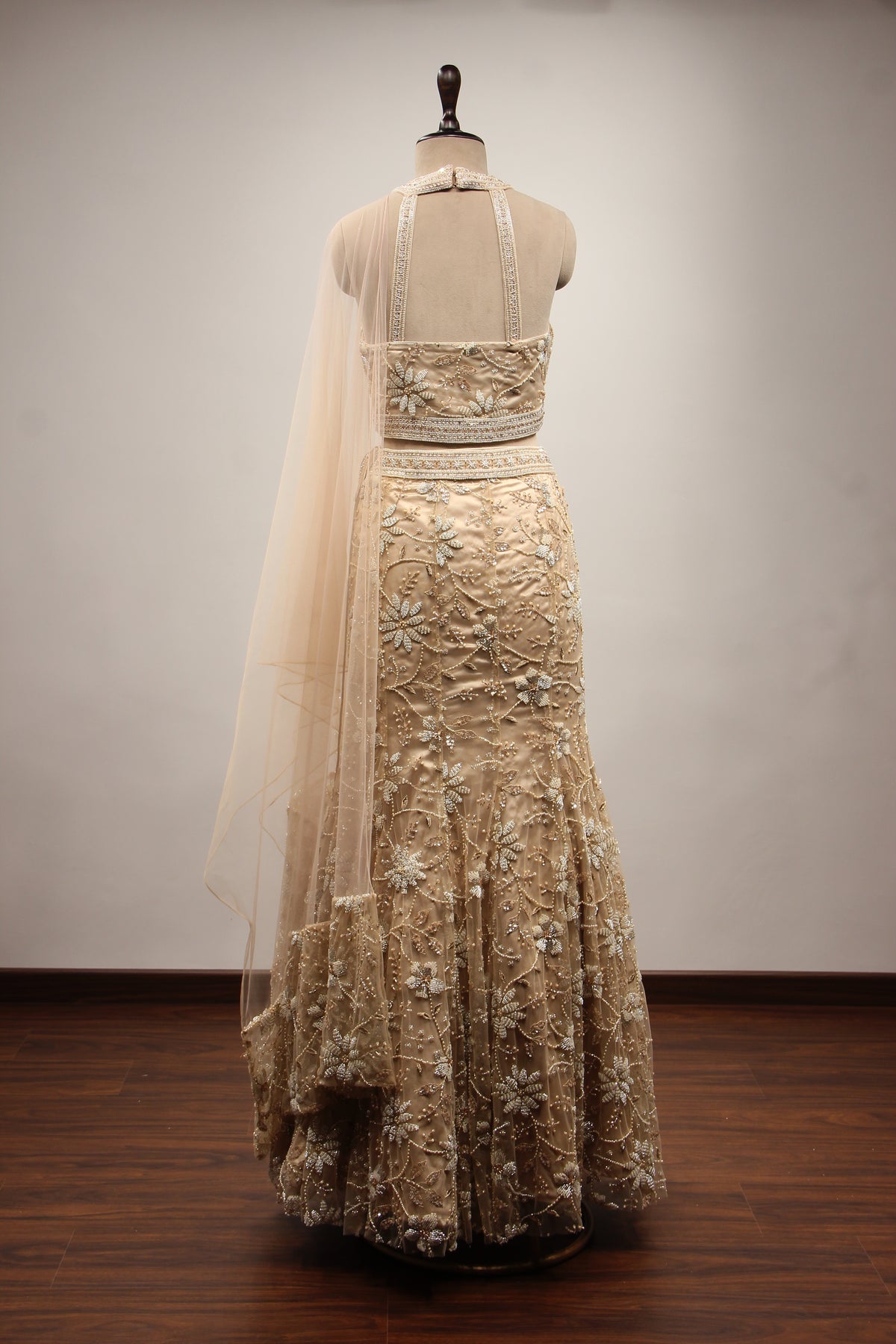 Gold Net Lehenga with Cut Dana & Bead Handwork Halter Neck Mermaid