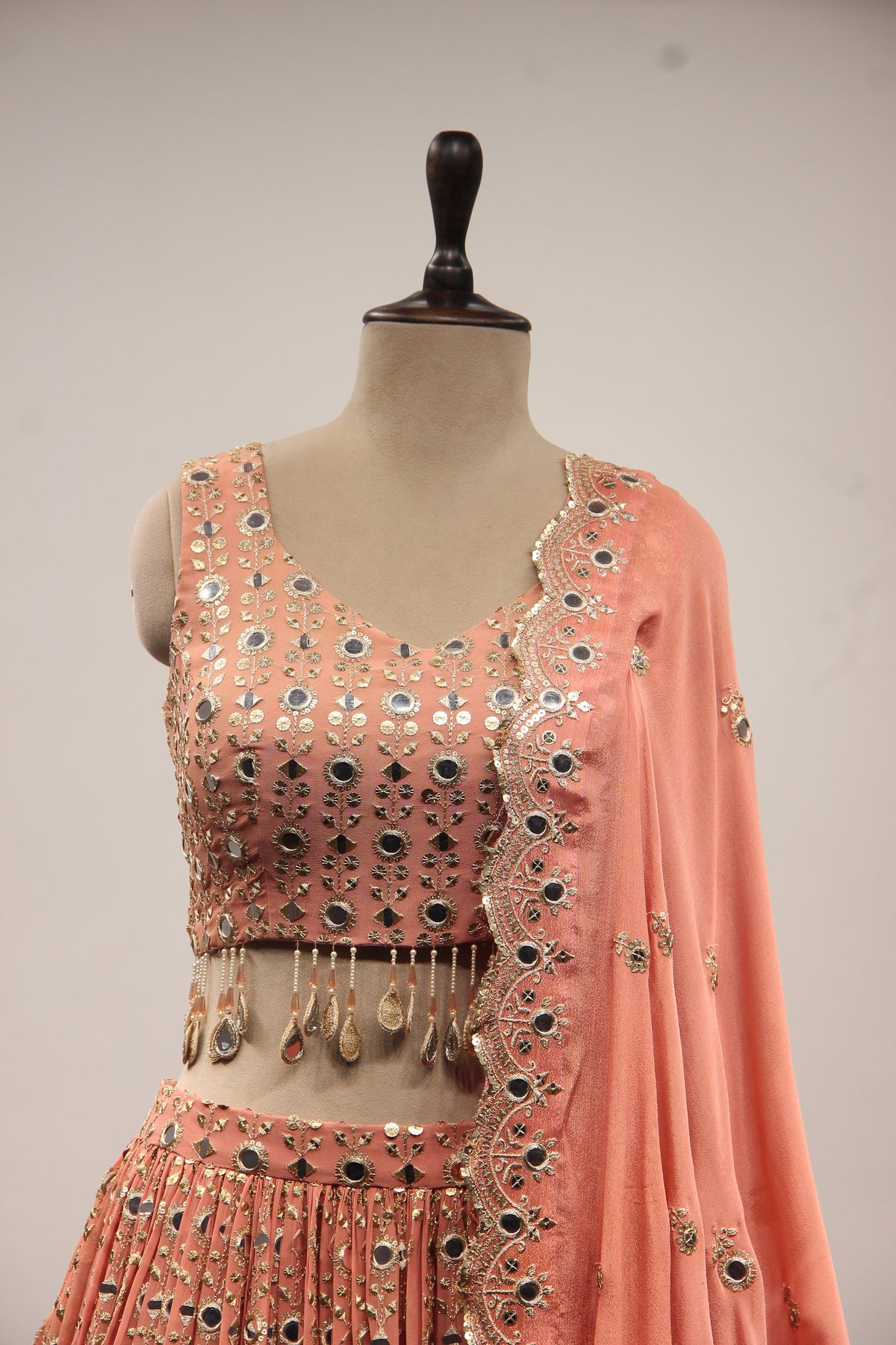 Peach Georgette Lehenga with Embroidery & Resham Handwork Crop Top