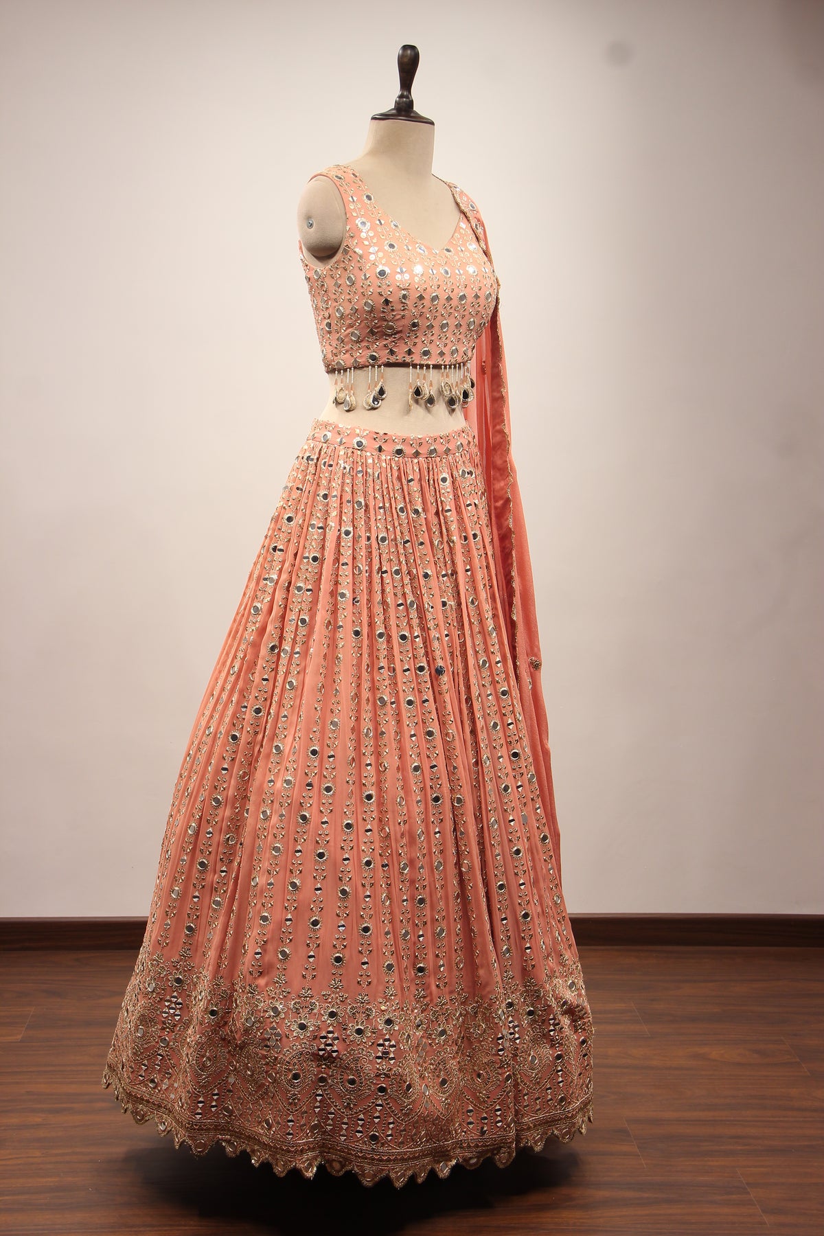 Peach Georgette Lehenga with Embroidery & Resham Handwork Crop Top