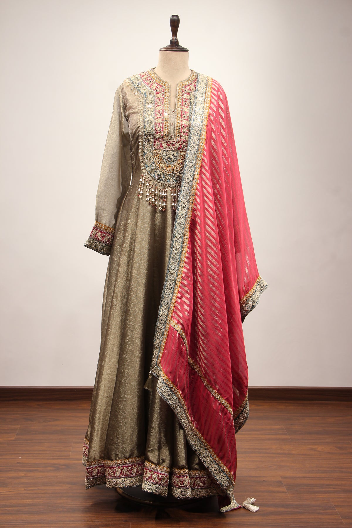Grey Banarasi Brocade-Tissue Anarkali Gown with Zari & Mirror Handwork – front view