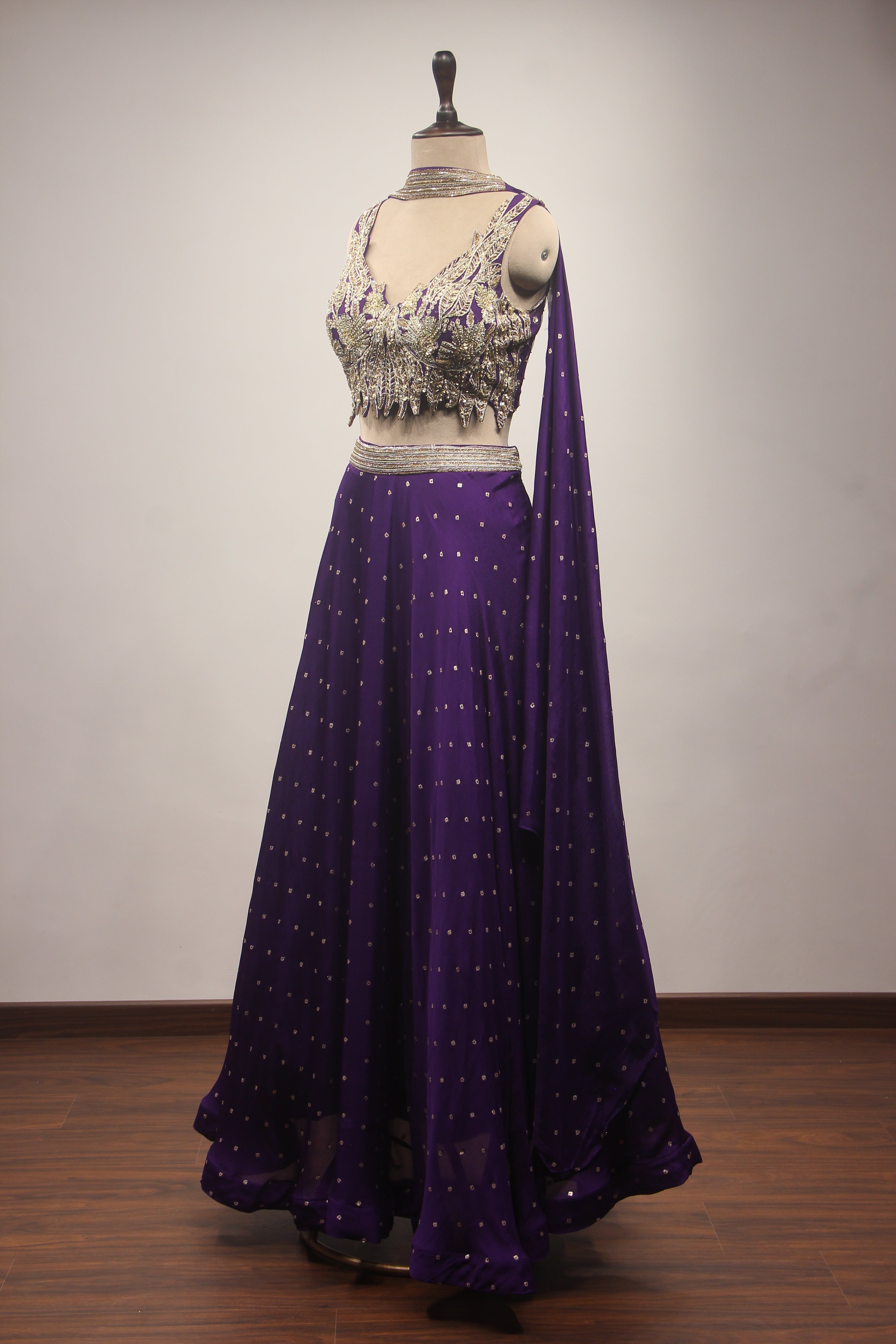Crepe Lehenga with Hand Embroidery & Zari Handwork Crop Top Dupatta