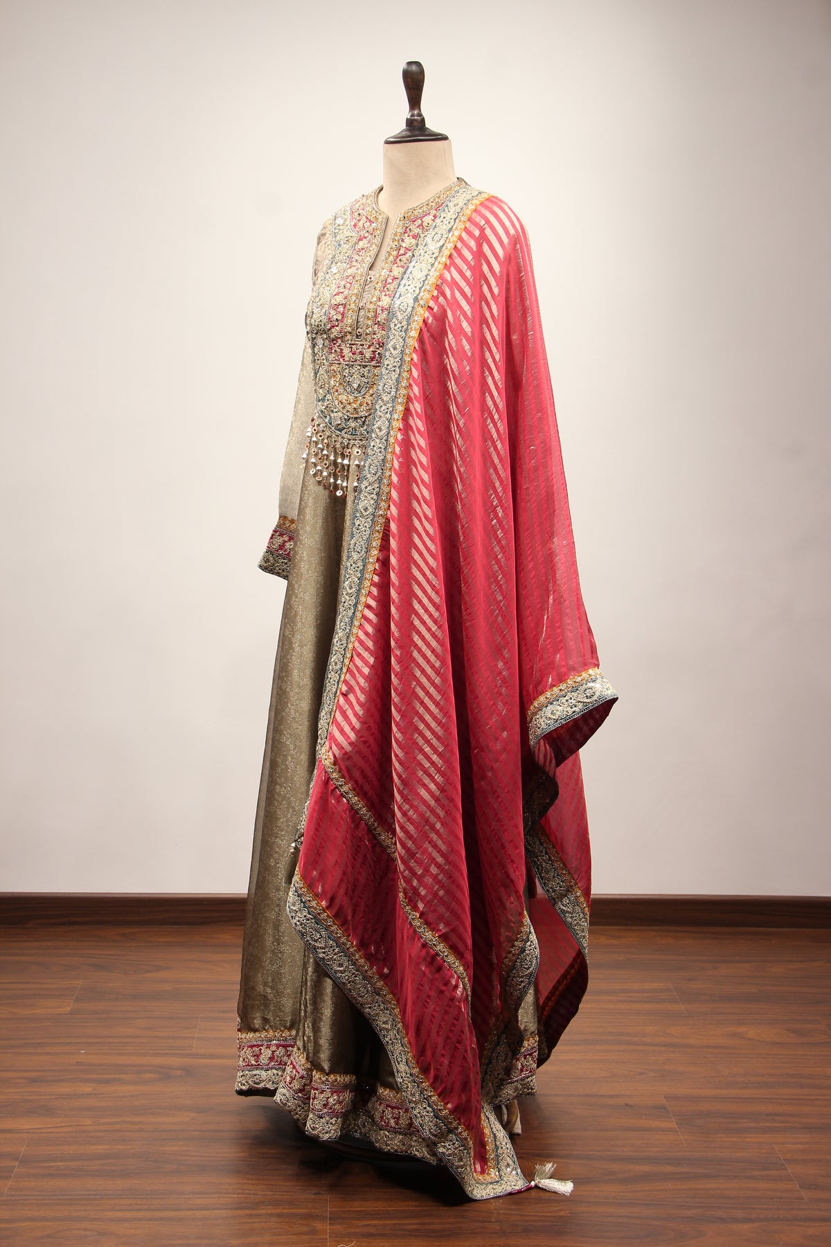 Grey Banarasi Brocade-Tissue Anarkali Gown with Zari & Mirror Handwork – side view
