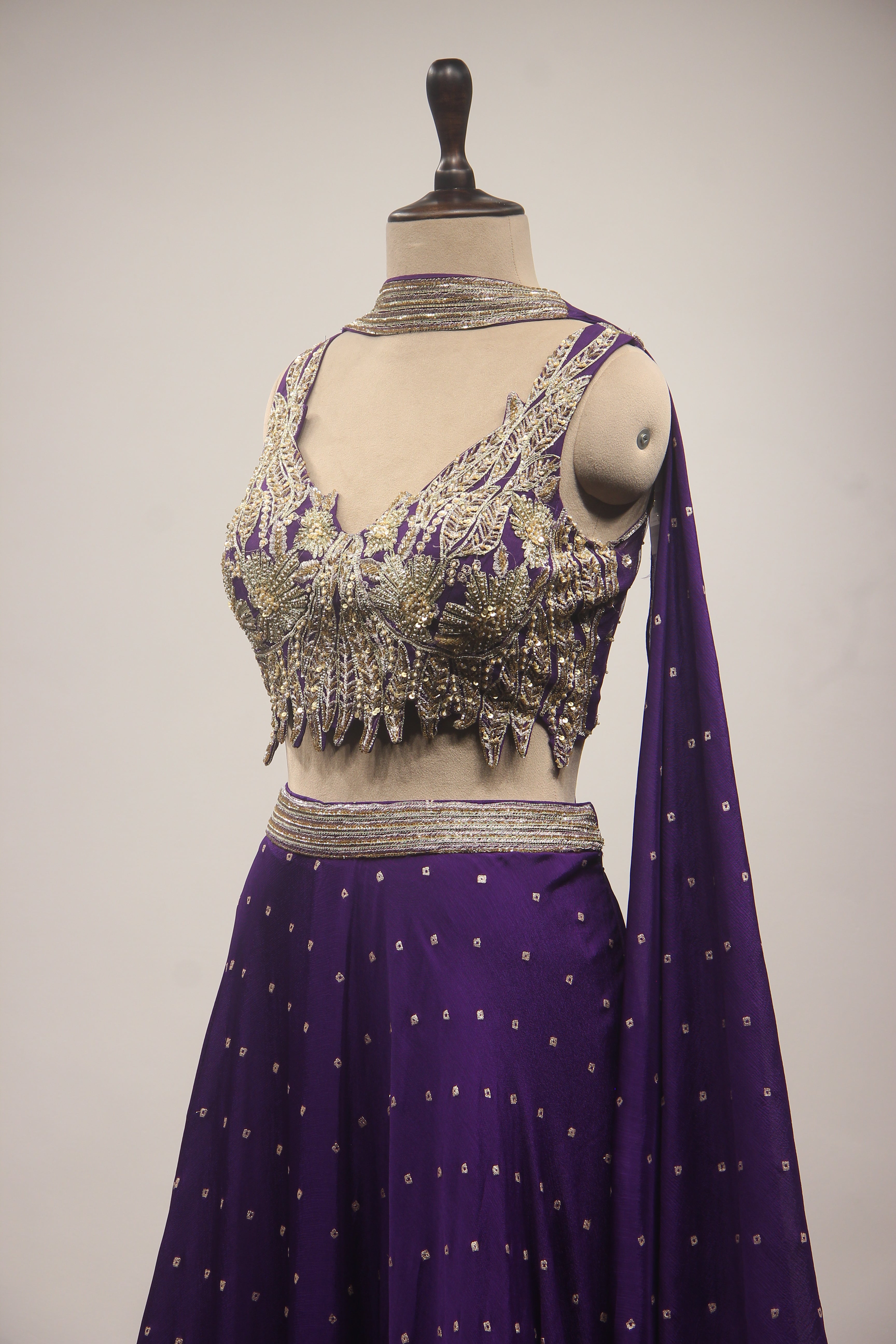 Crepe Lehenga with Hand Embroidery & Zari Handwork Crop Top Dupatta