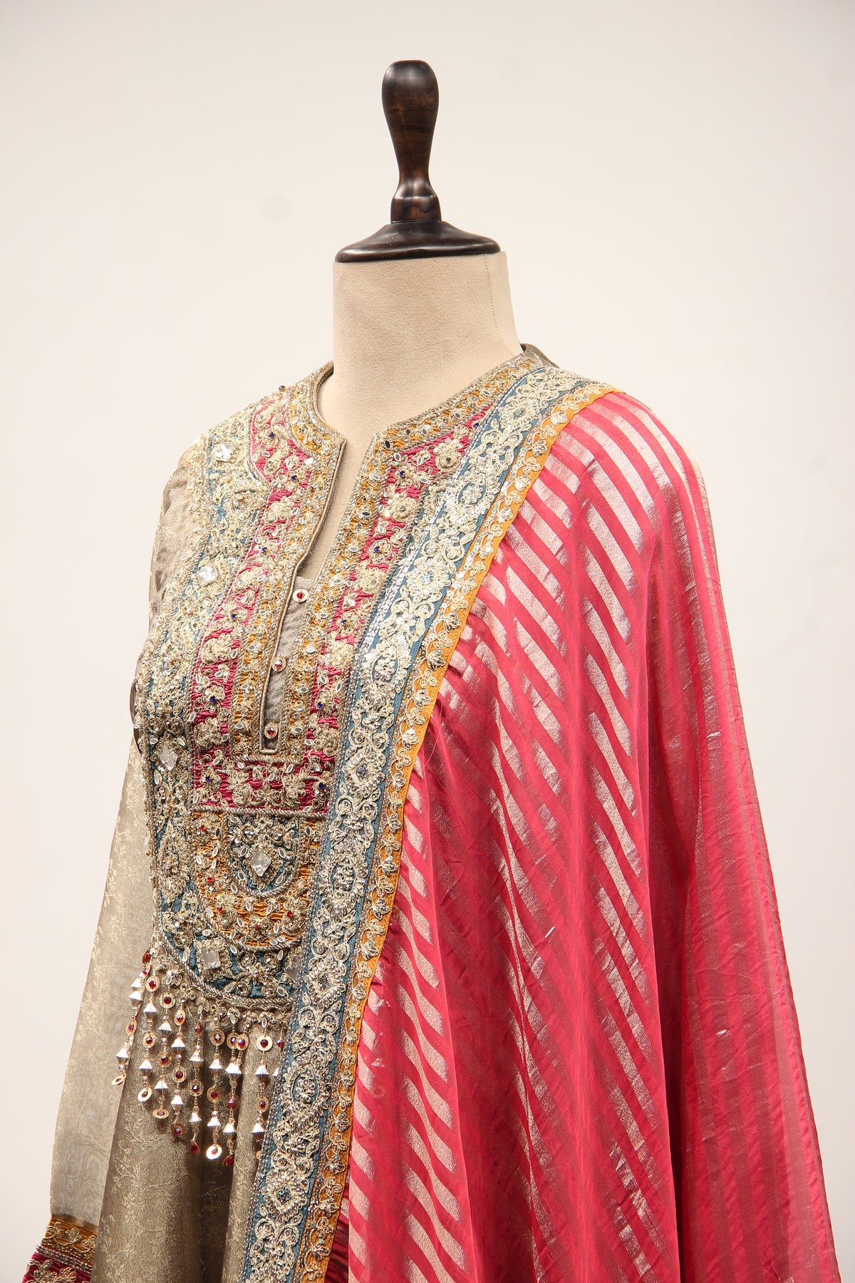 Grey Banarasi Brocade-Tissue Anarkali Gown with Zari & Mirror Handwork – side close-up