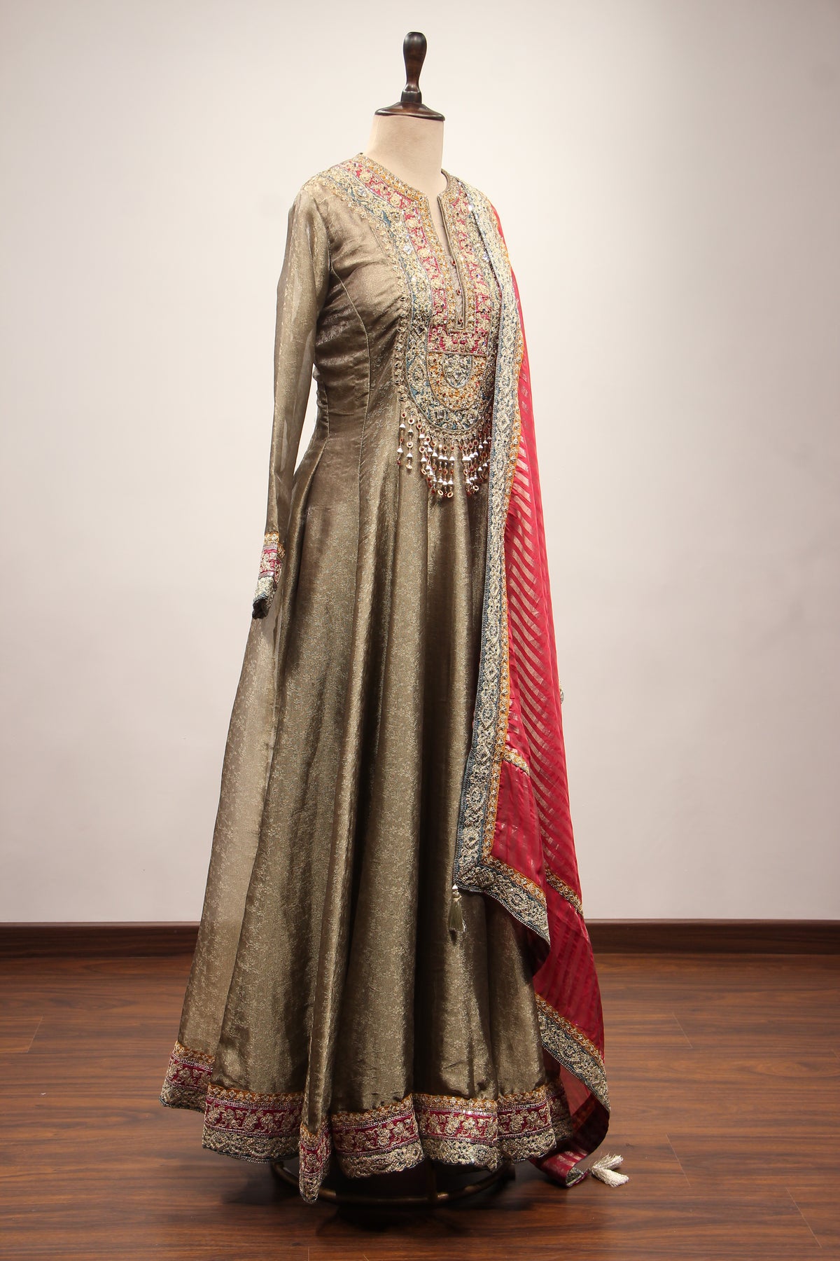 Grey Banarasi Brocade-Tissue Anarkali Gown with Zari & Mirror Handwork – other side view